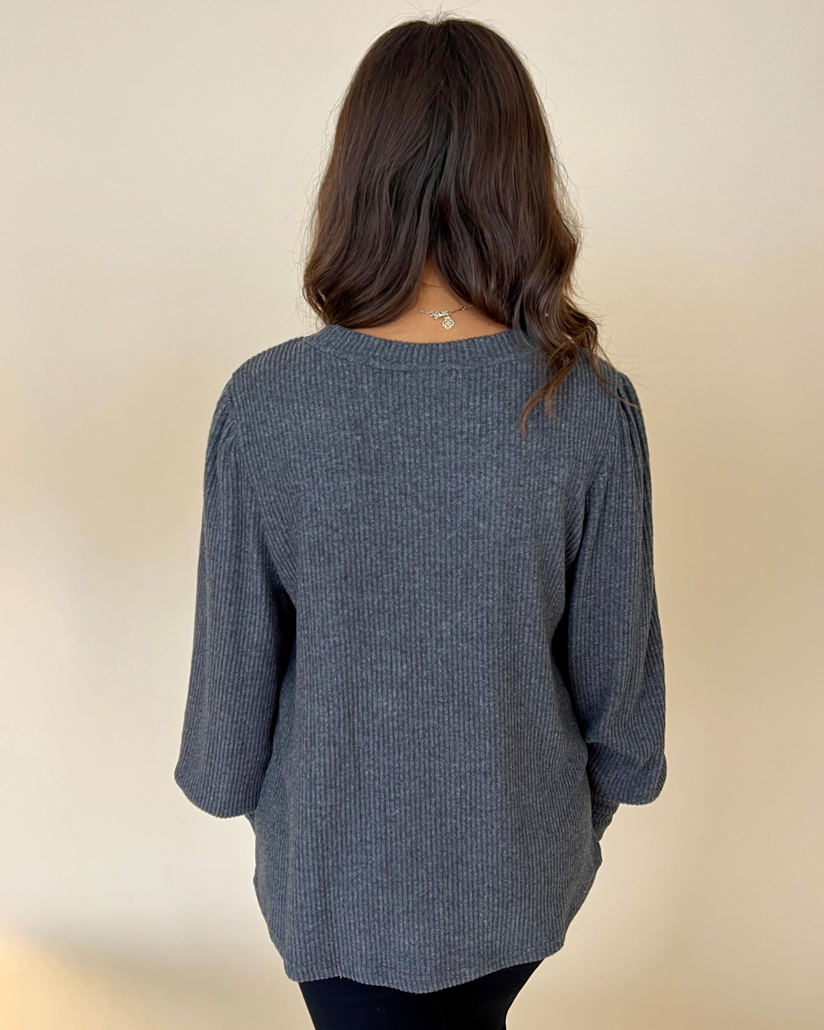 Perfect Together Charcoal Rib Puff Sleeve Top-Shop-Womens-Boutique-Clothing