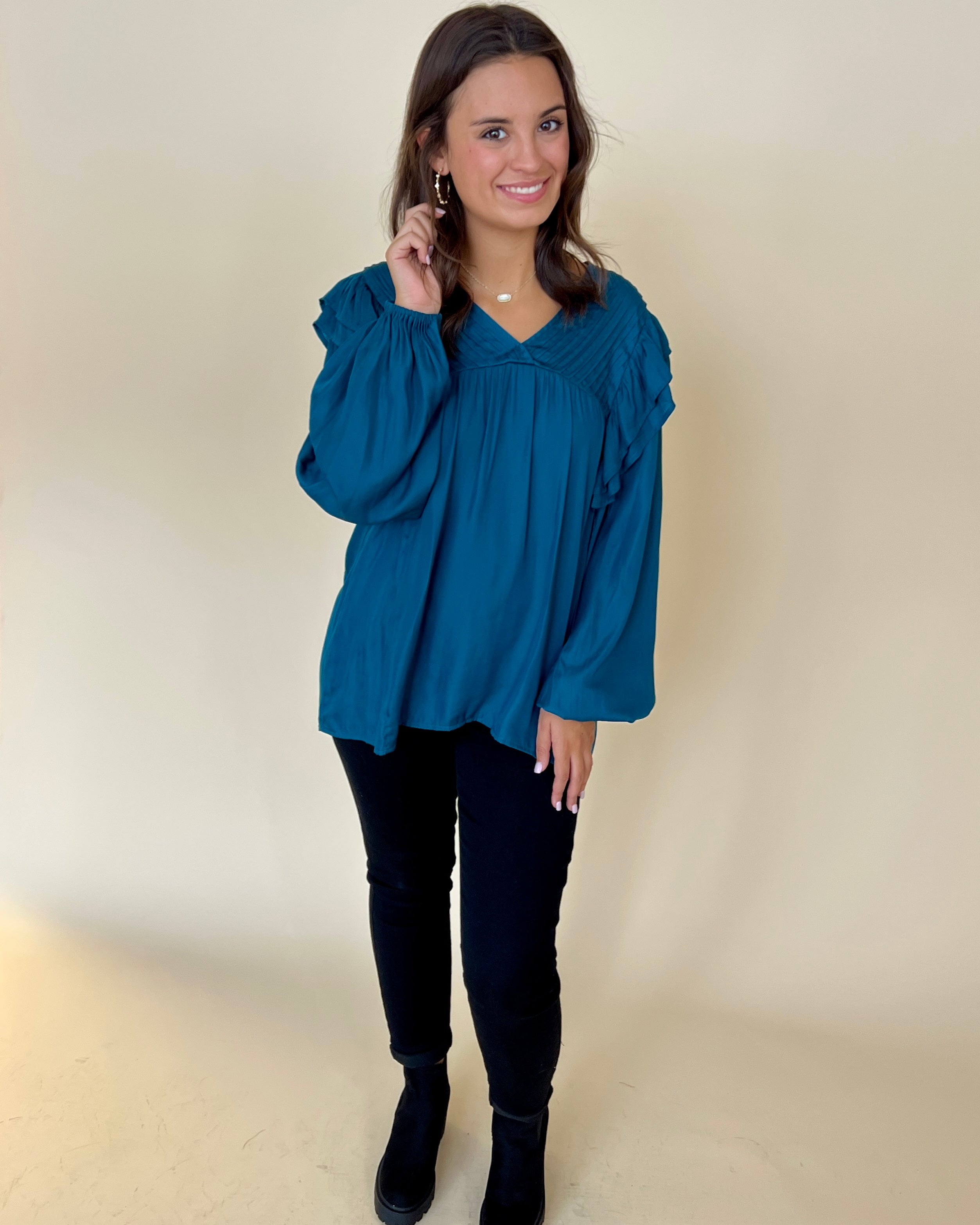 Sending Love Teal Pin-tuck Ruffle Top-Shop-Womens-Boutique-Clothing