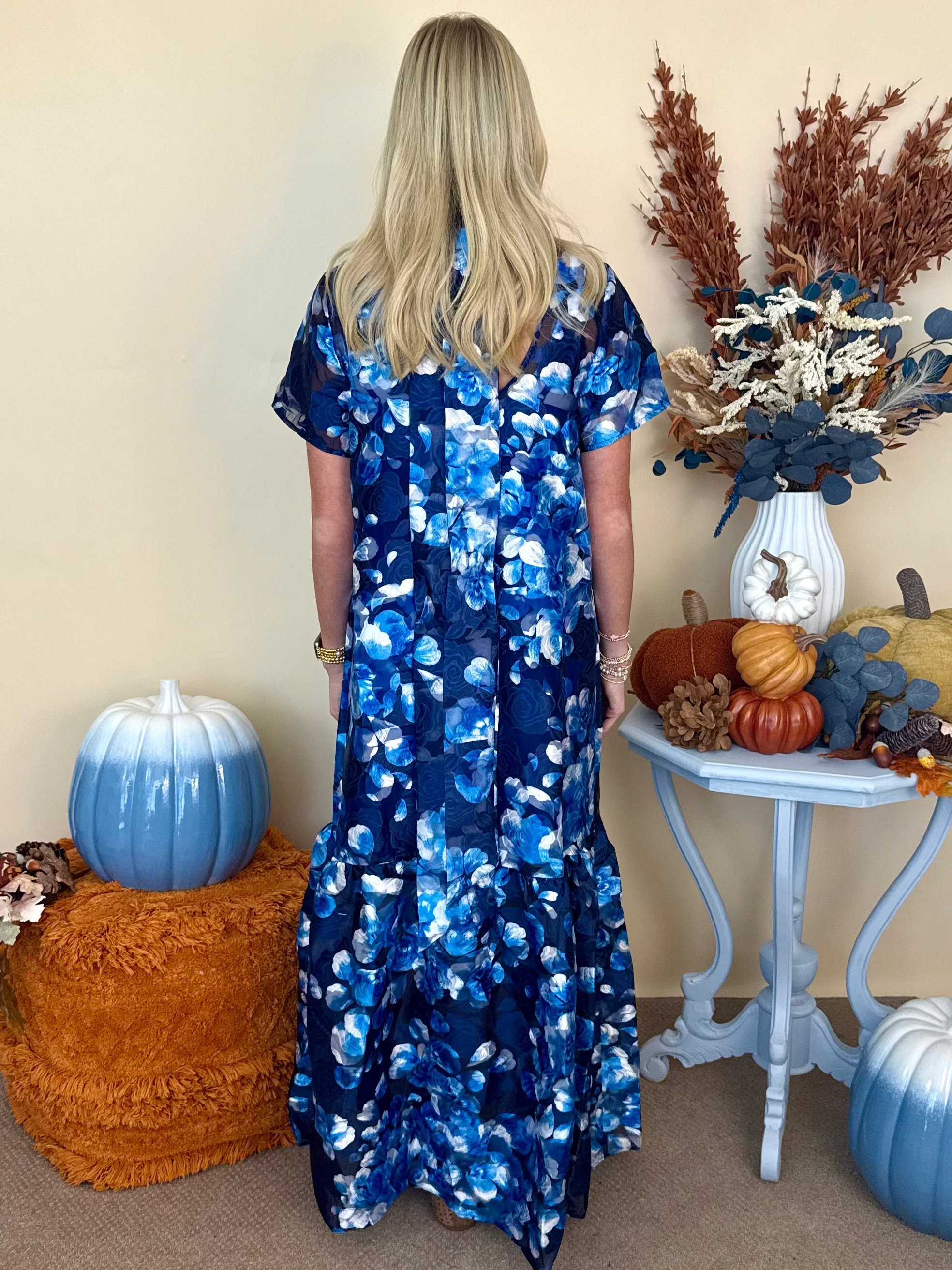 Come Through Blue/White Floral Organza Maxi Dress-Shop-Womens-Boutique-Clothing