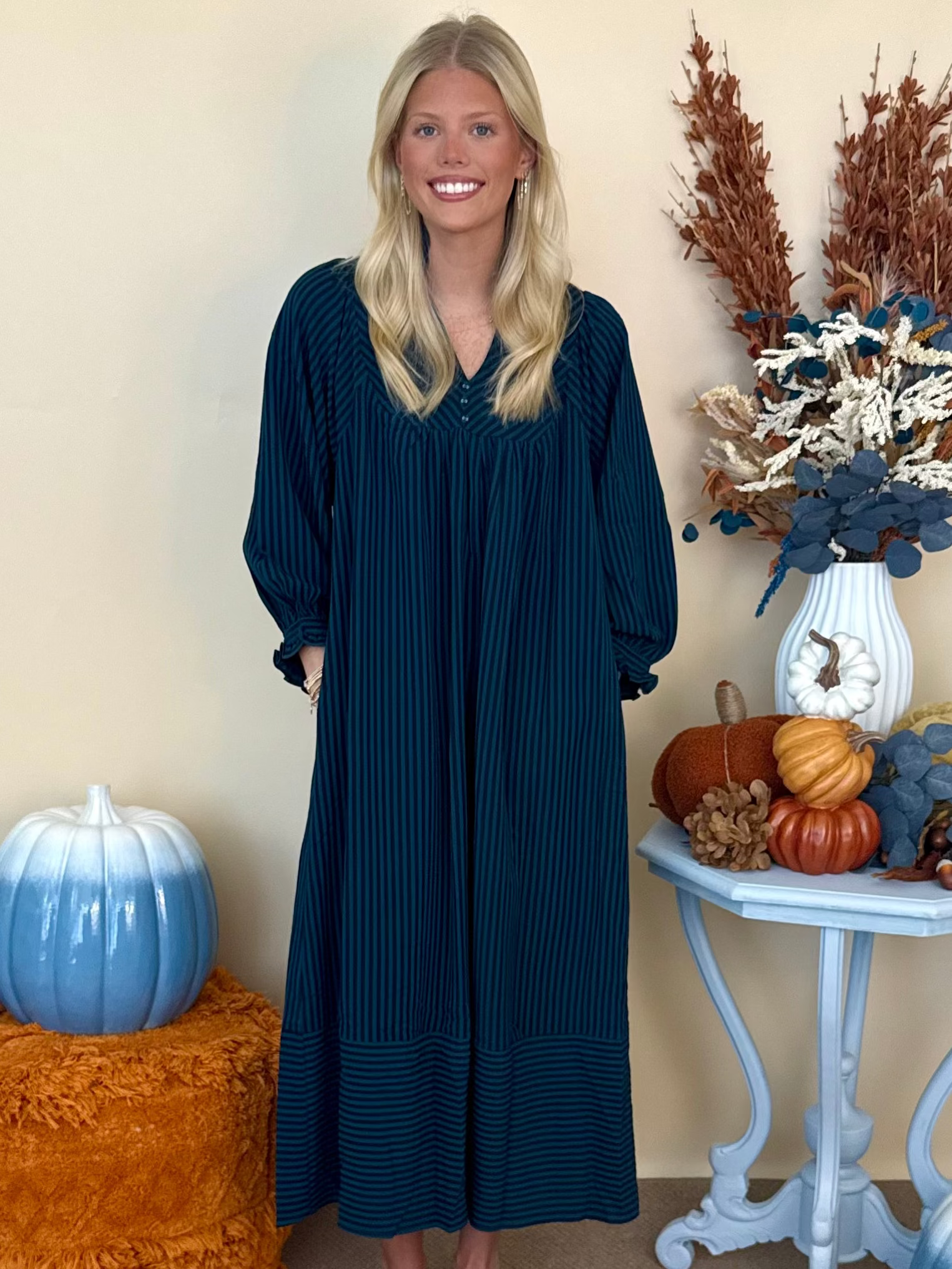 Evening Glow Teal Striped Seersucker Midi Dress-Shop-Womens-Boutique-Clothing