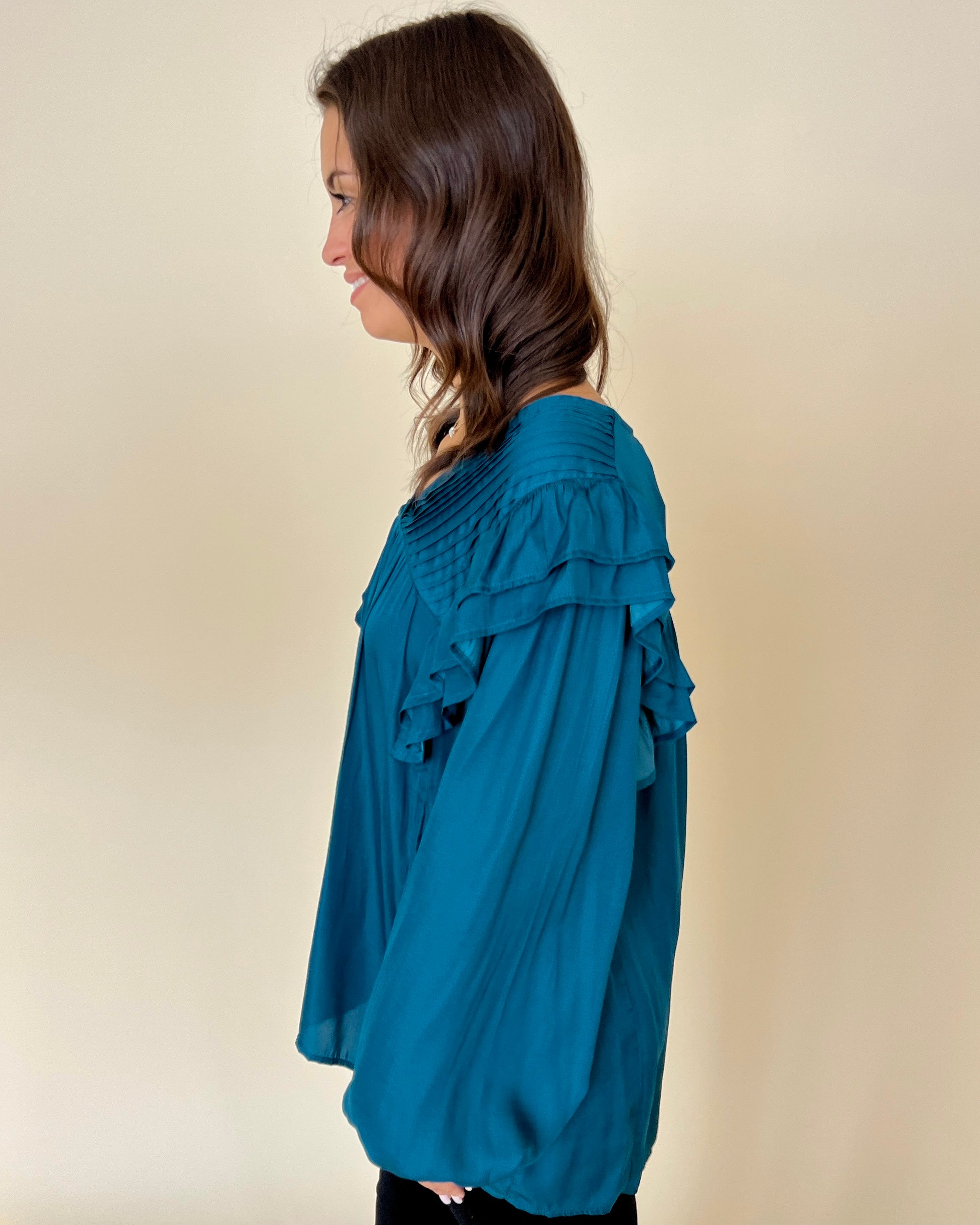 Sending Love Teal Pin-tuck Ruffle Top-Shop-Womens-Boutique-Clothing
