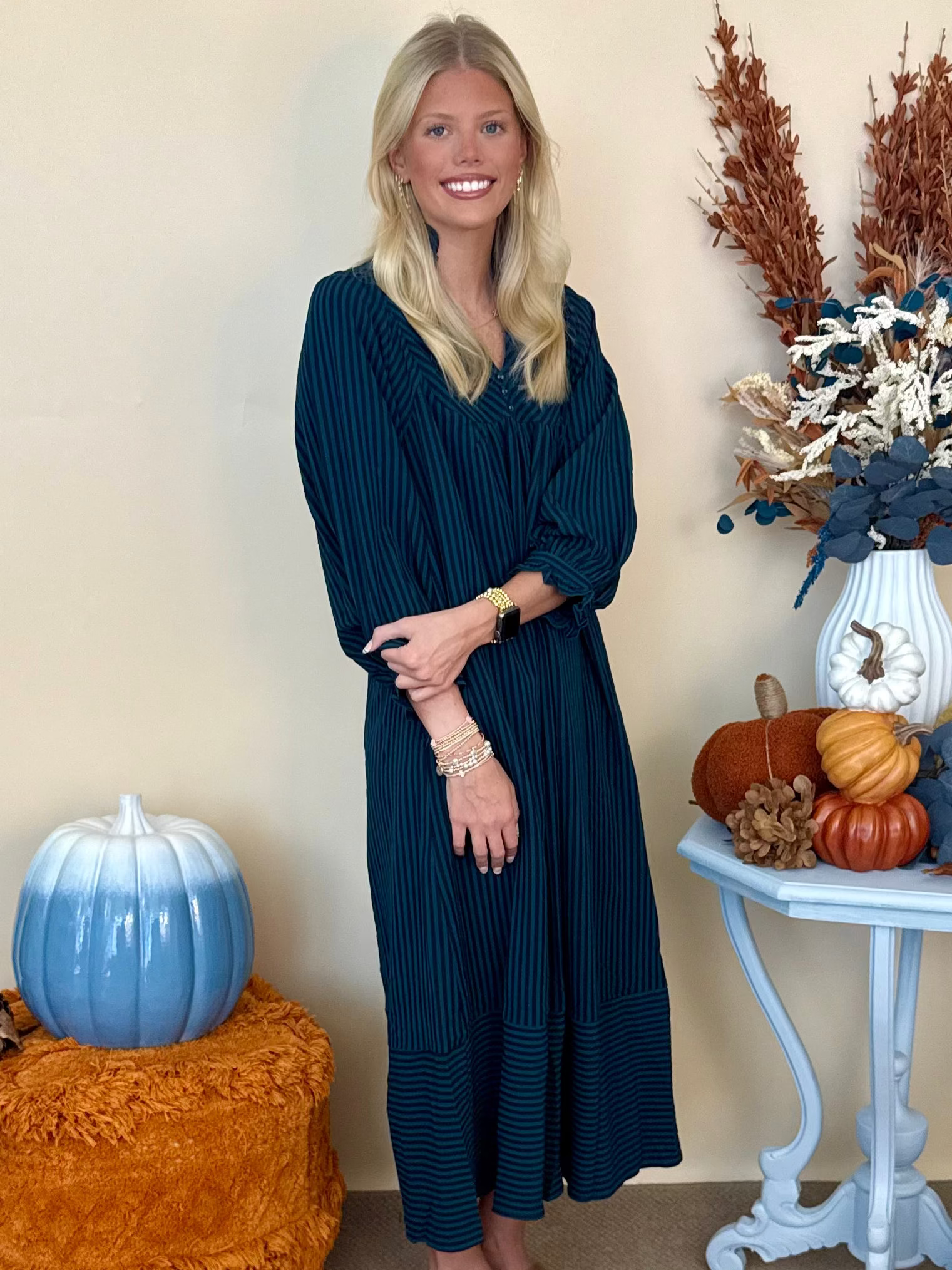 Evening Glow Teal Striped Seersucker Midi Dress-Shop-Womens-Boutique-Clothing