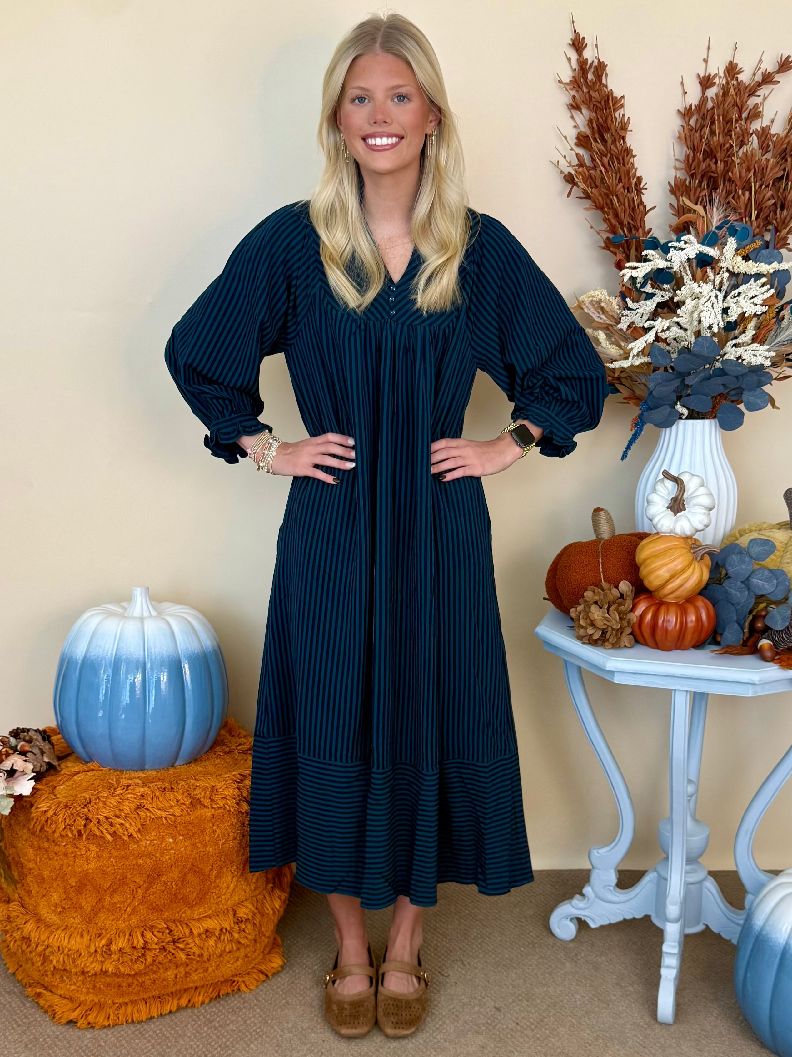 Evening Glow Teal Striped Seersucker Midi Dress-Shop-Womens-Boutique-Clothing