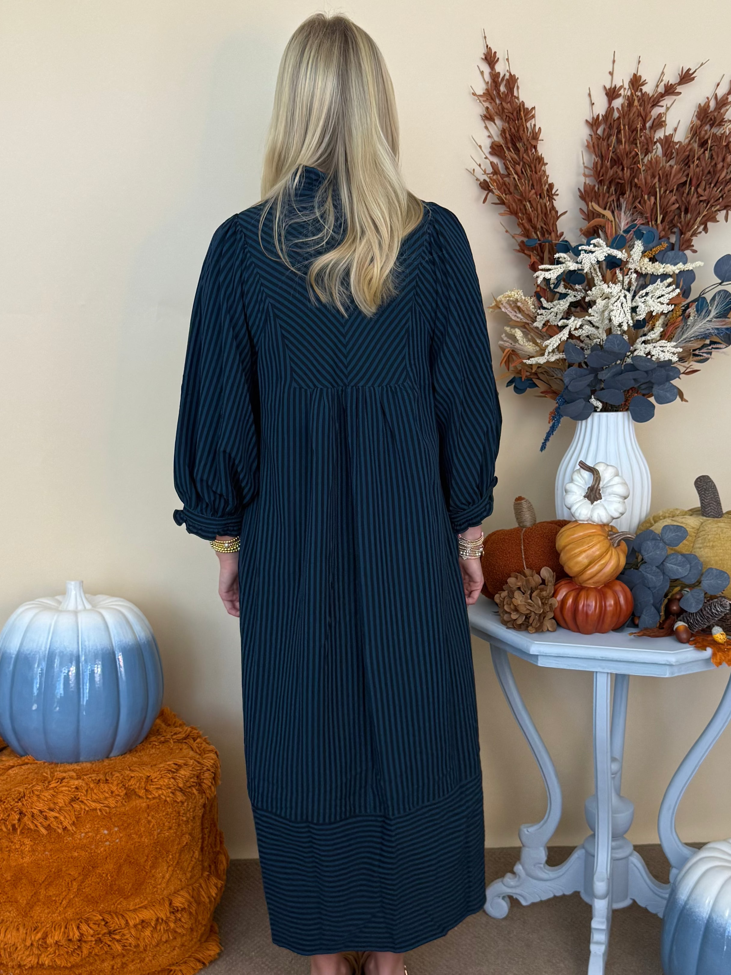 Evening Glow Teal Striped Seersucker Midi Dress-Shop-Womens-Boutique-Clothing