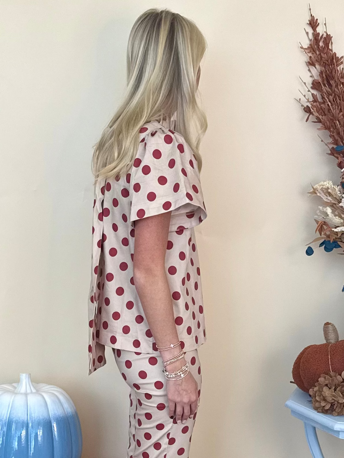 A Beautiful Place Beige Polka Dot Ruffle Top-Shop-Womens-Boutique-Clothing