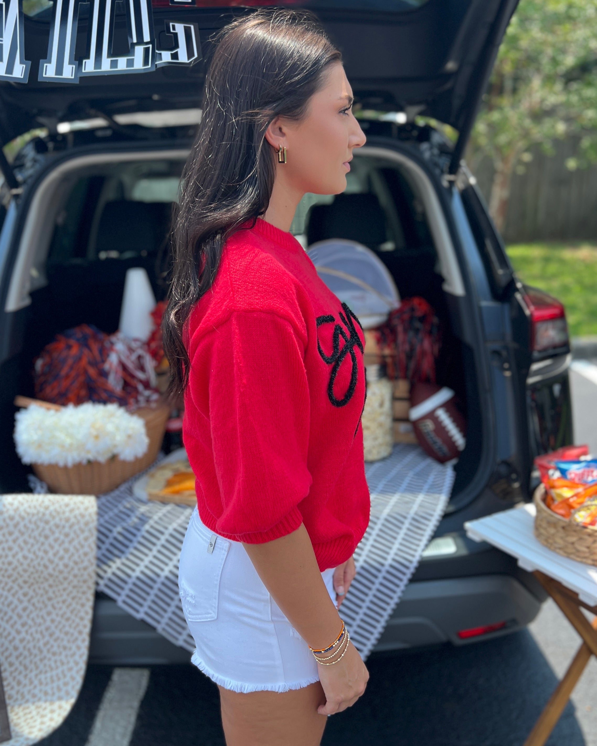 Go Fight Win Red Game Day Puff Sleeve Sweater-Shop-Womens-Boutique-Clothing