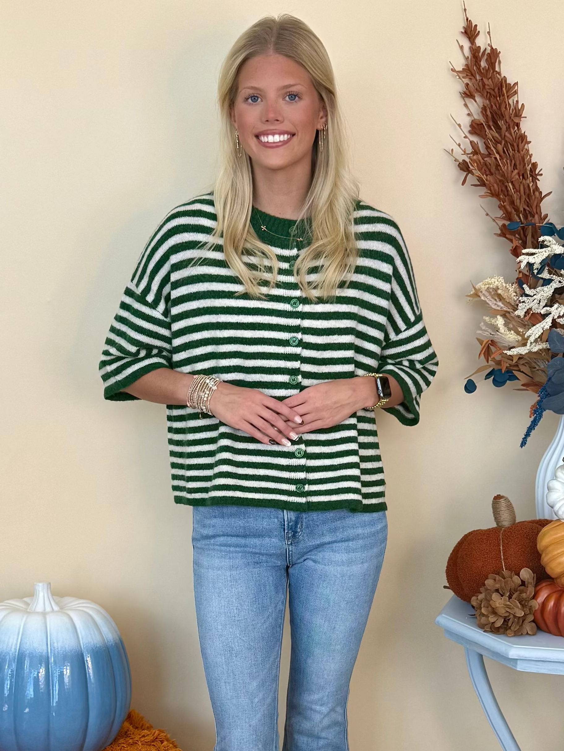 Thoughtfully Made Dk Green Striped Short Sleeve Knit Cardigan-Shop-Womens-Boutique-Clothing
