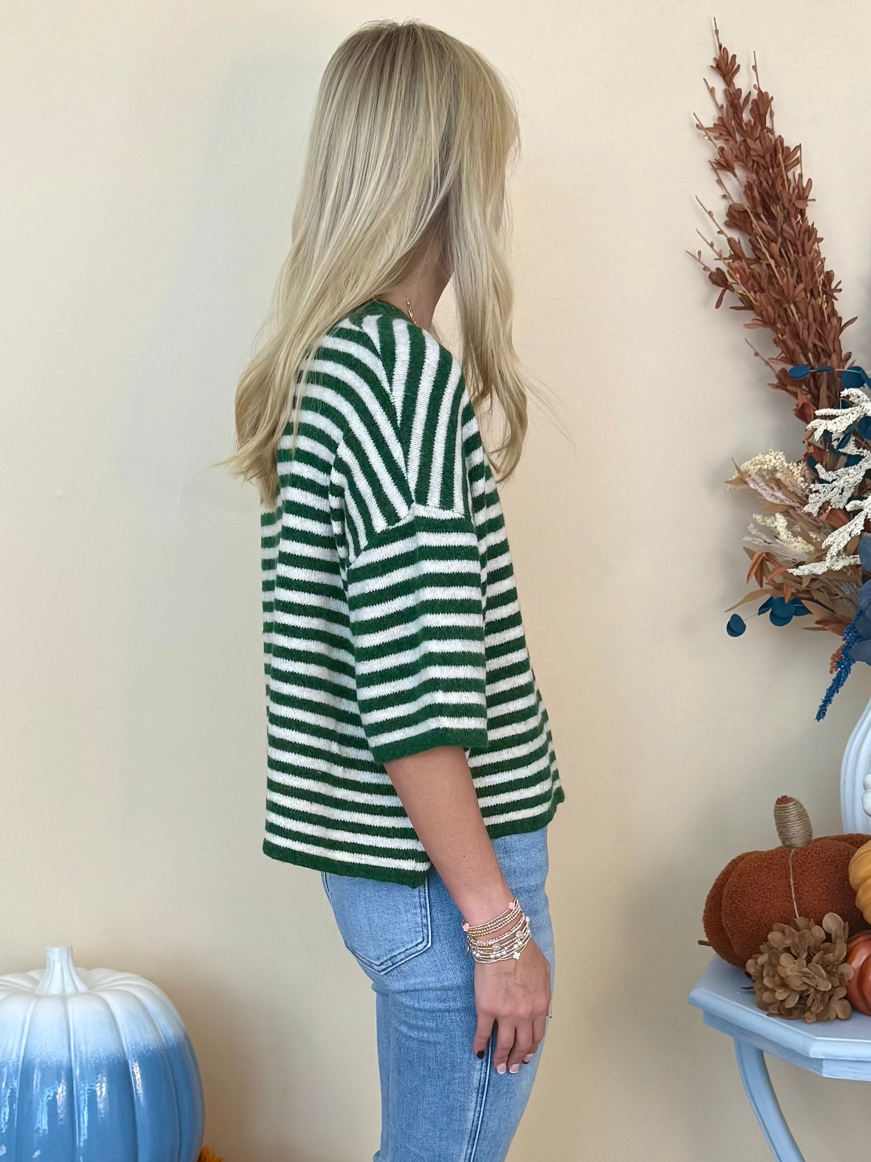 Thoughtfully Made Dk Green Striped Short Sleeve Knit Cardigan-Shop-Womens-Boutique-Clothing