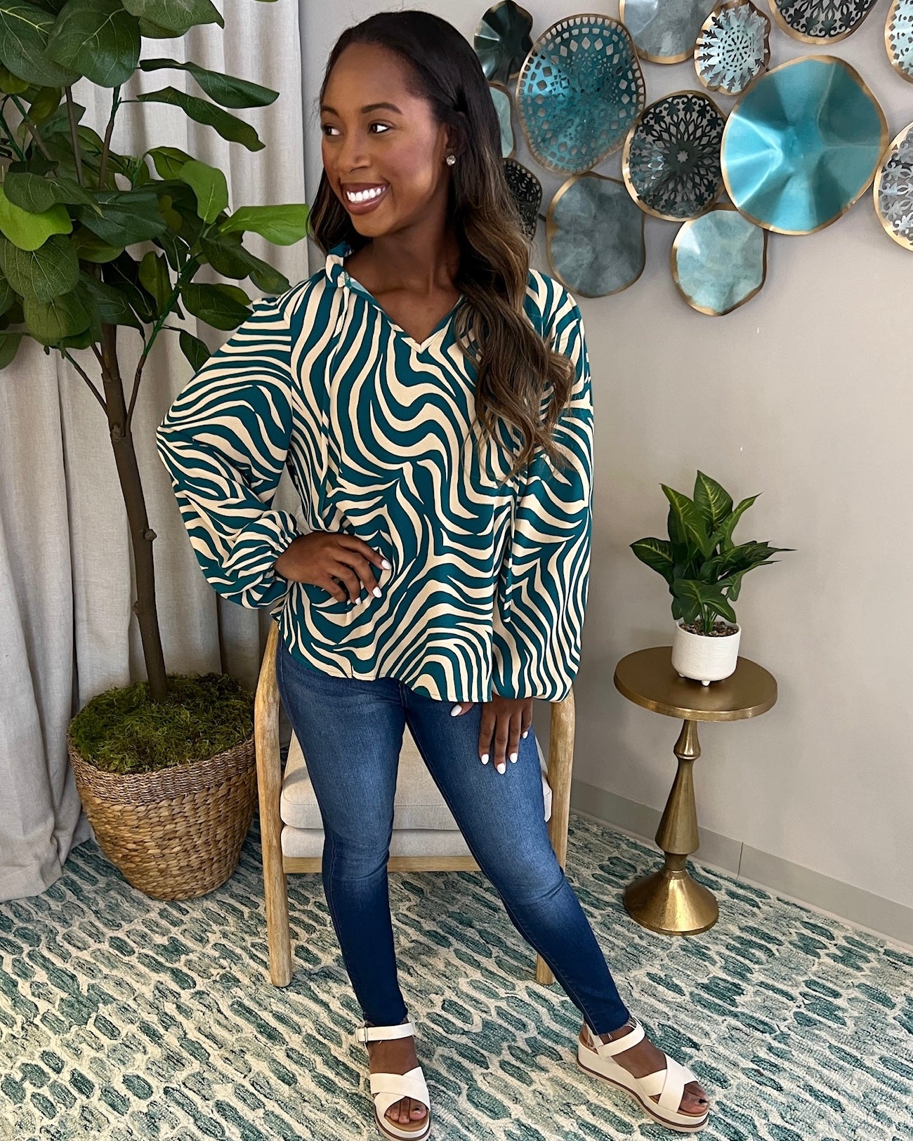 Too Divine Teal/Taupe Zebra Print Top-Shop-Womens-Boutique-Clothing