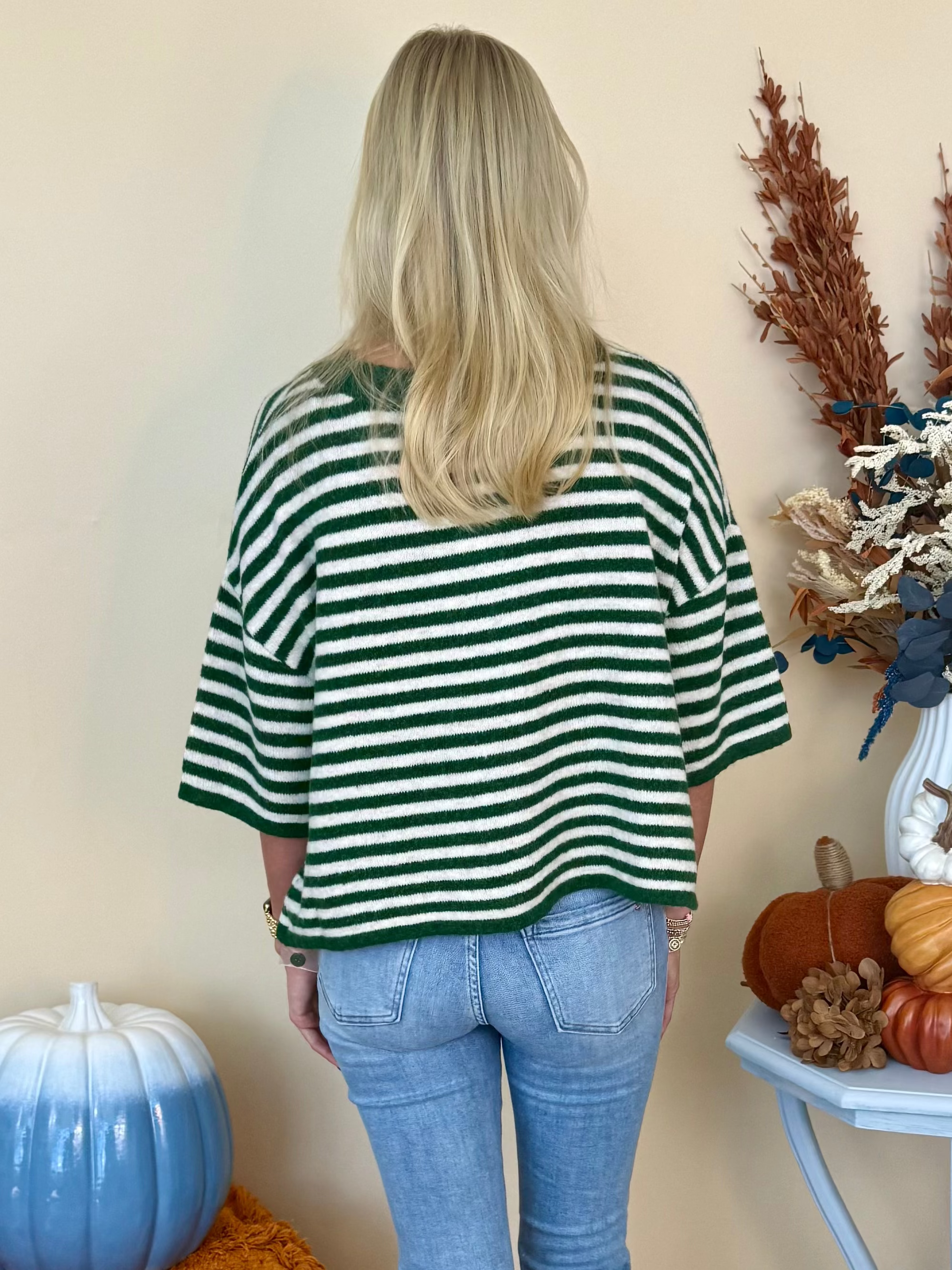 Thoughtfully Made Dk Green Striped Short Sleeve Knit Cardigan-Shop-Womens-Boutique-Clothing