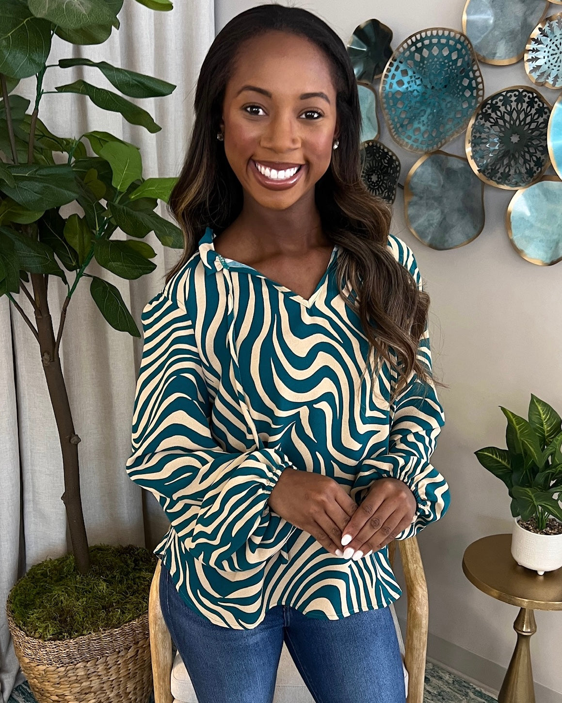 Too Divine Teal/Taupe Zebra Print Top-Shop-Womens-Boutique-Clothing
