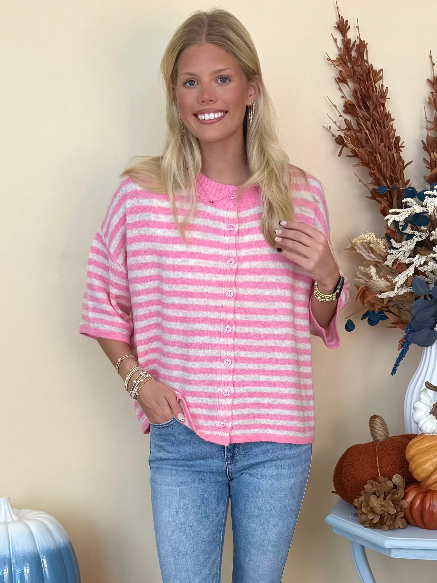 Thoughtfully Made Candy Pink Striped Short Sleeve Knit Cardigan-Shop-Womens-Boutique-Clothing