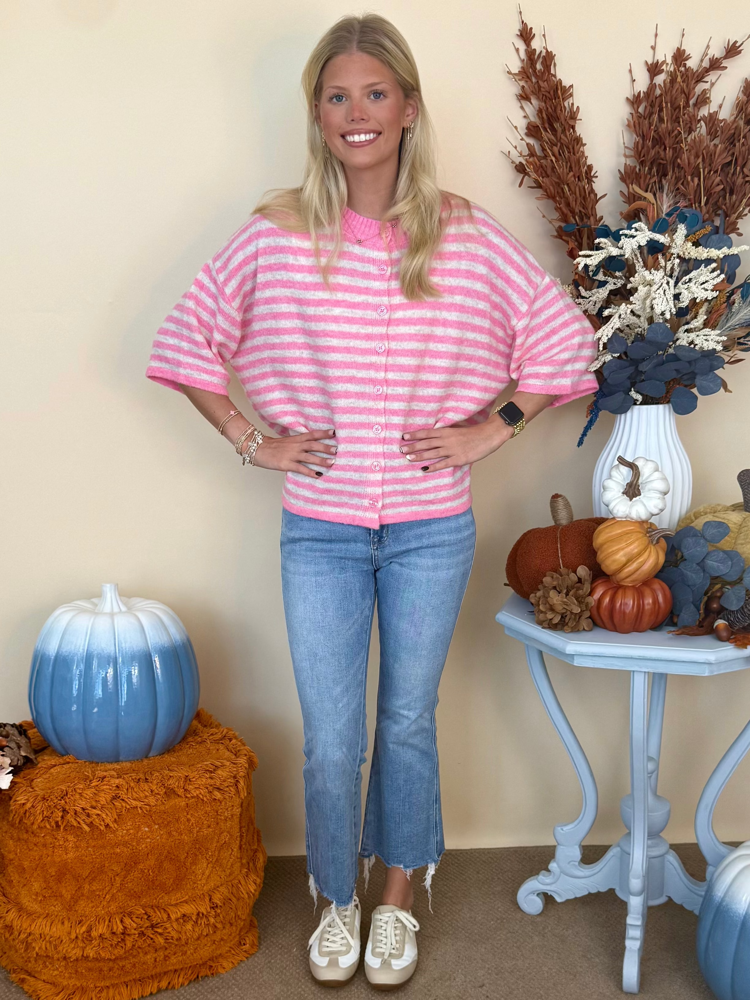 Thoughtfully Made Candy Pink Striped Short Sleeve Knit Cardigan-Shop-Womens-Boutique-Clothing