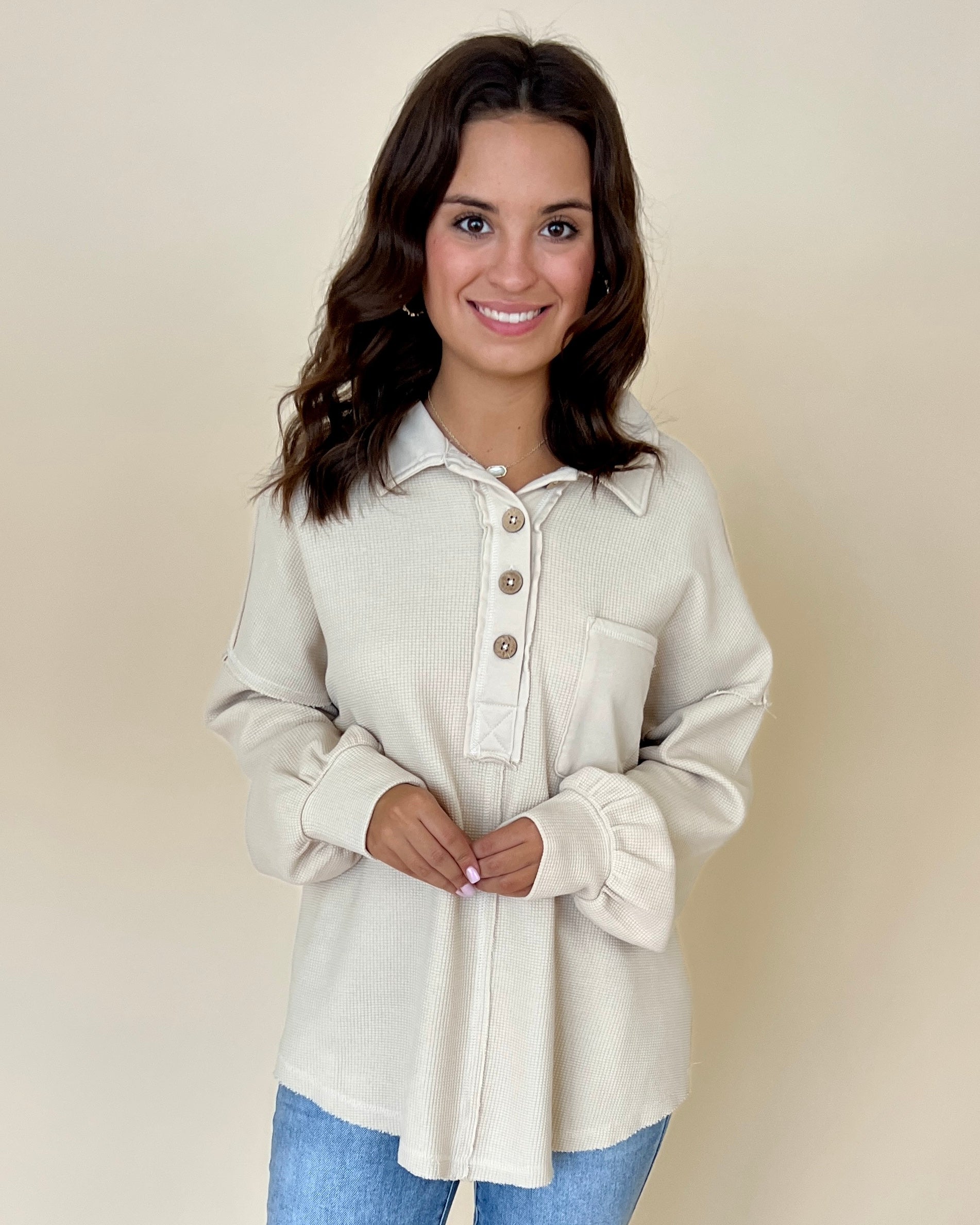Cozy Outing Beige Waffle Collared Pocket Top-Shop-Womens-Boutique-Clothing