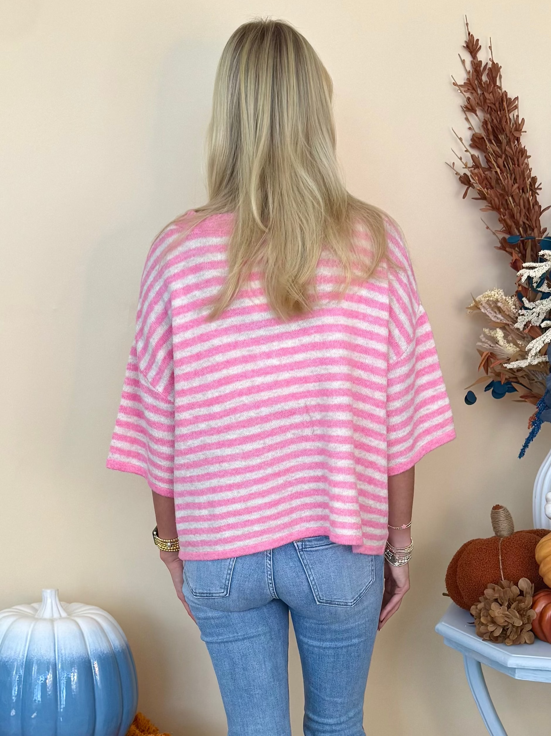 Thoughtfully Made Candy Pink Striped Short Sleeve Knit Cardigan-Shop-Womens-Boutique-Clothing