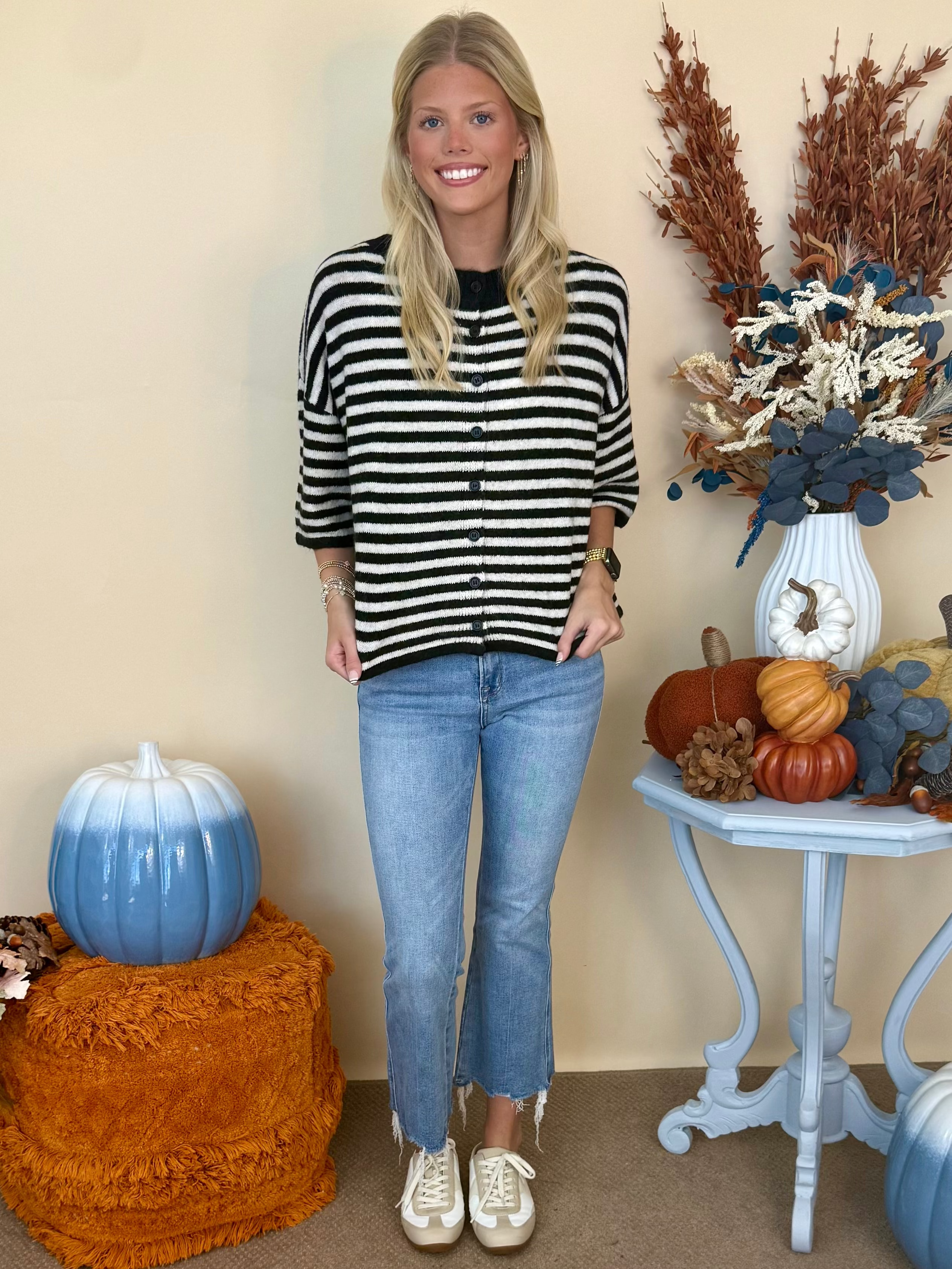 Thoughtfully Made Black Striped Short Sleeve Knit Cardigan-Shop-Womens-Boutique-Clothing
