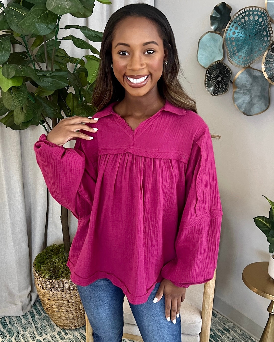 Heard It Magenta Crinkle Gauze Top-Shop-Womens-Boutique-Clothing