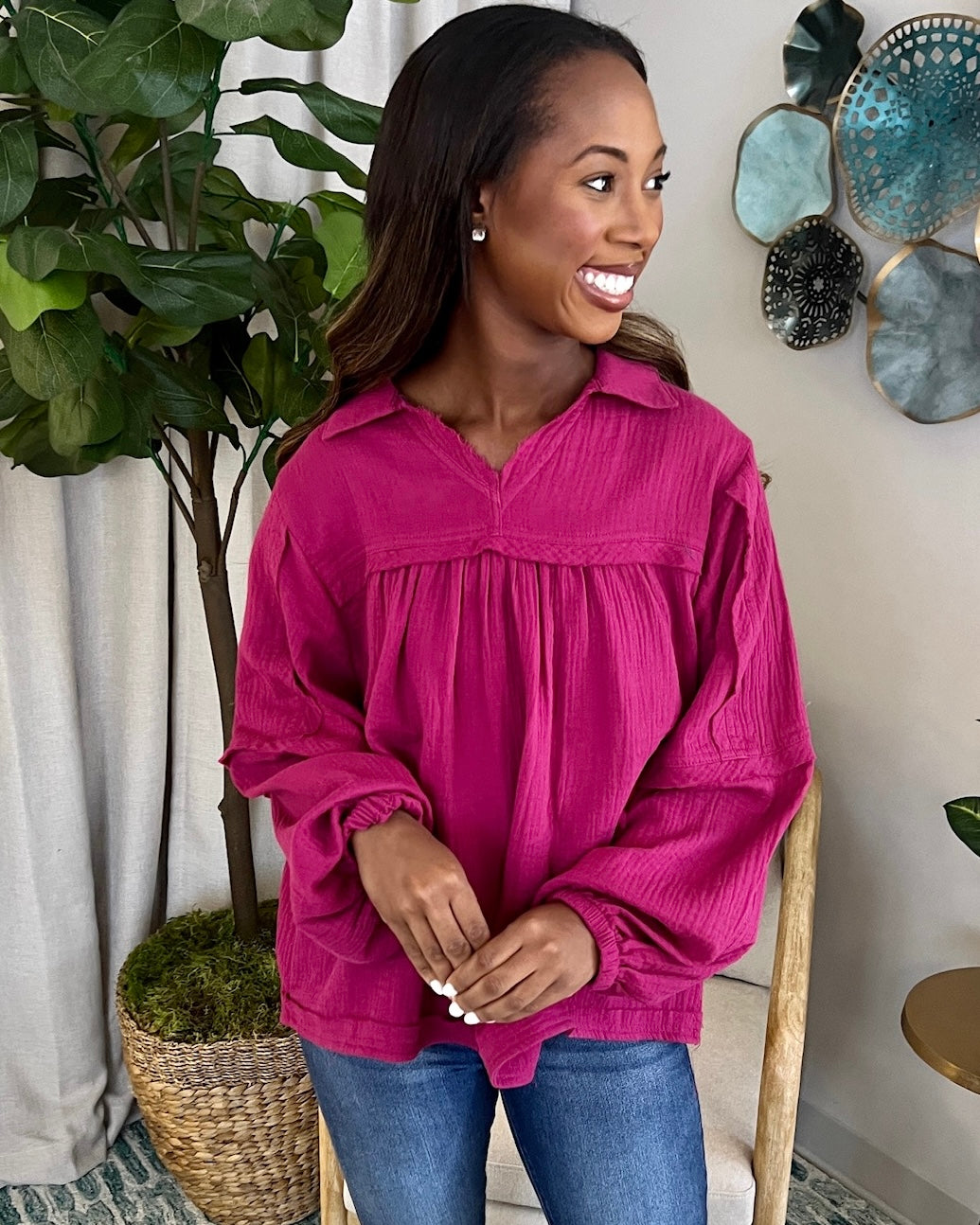Heard It Magenta Crinkle Gauze Top-Shop-Womens-Boutique-Clothing
