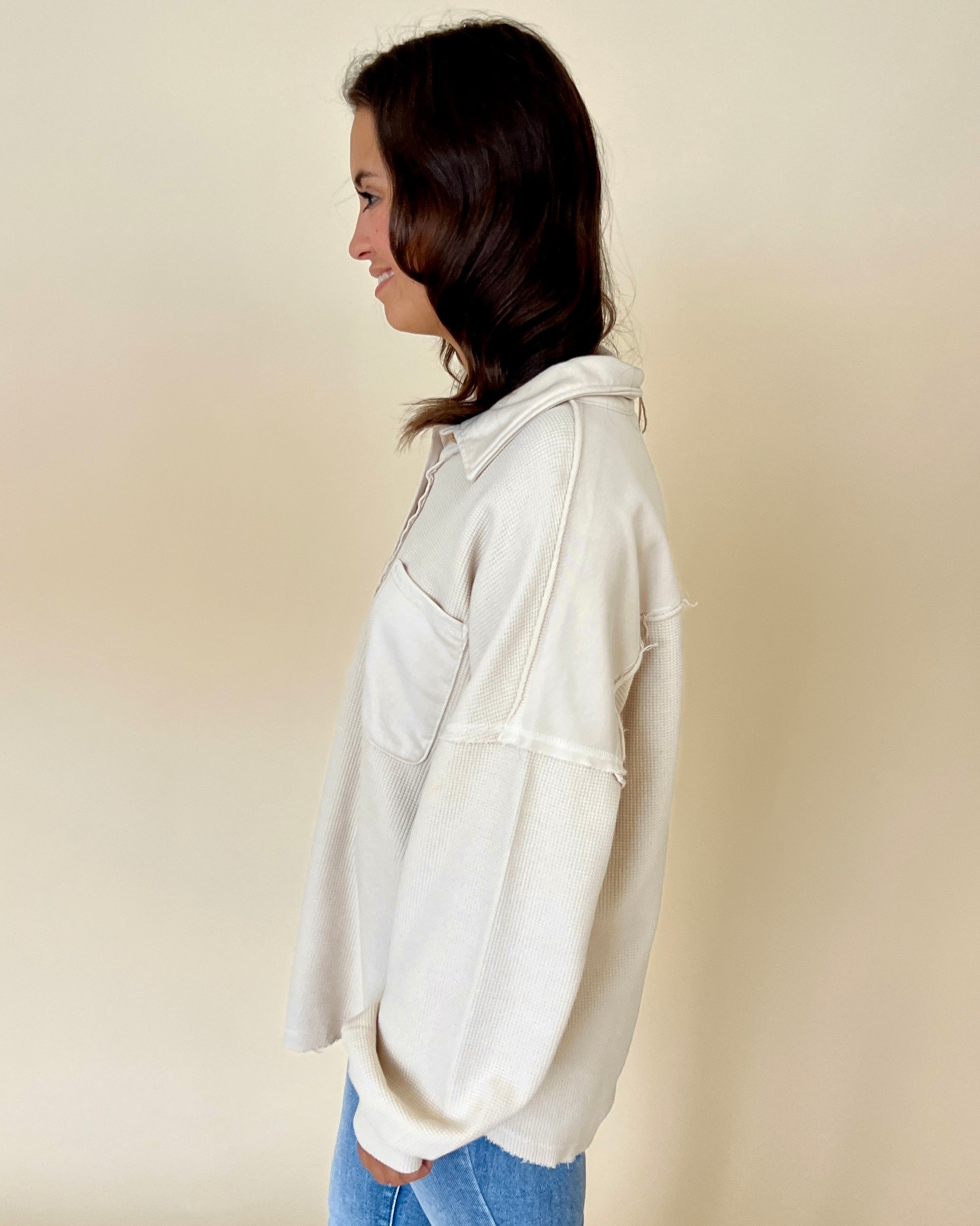 Cozy Outing Beige Waffle Collared Pocket Top-Shop-Womens-Boutique-Clothing