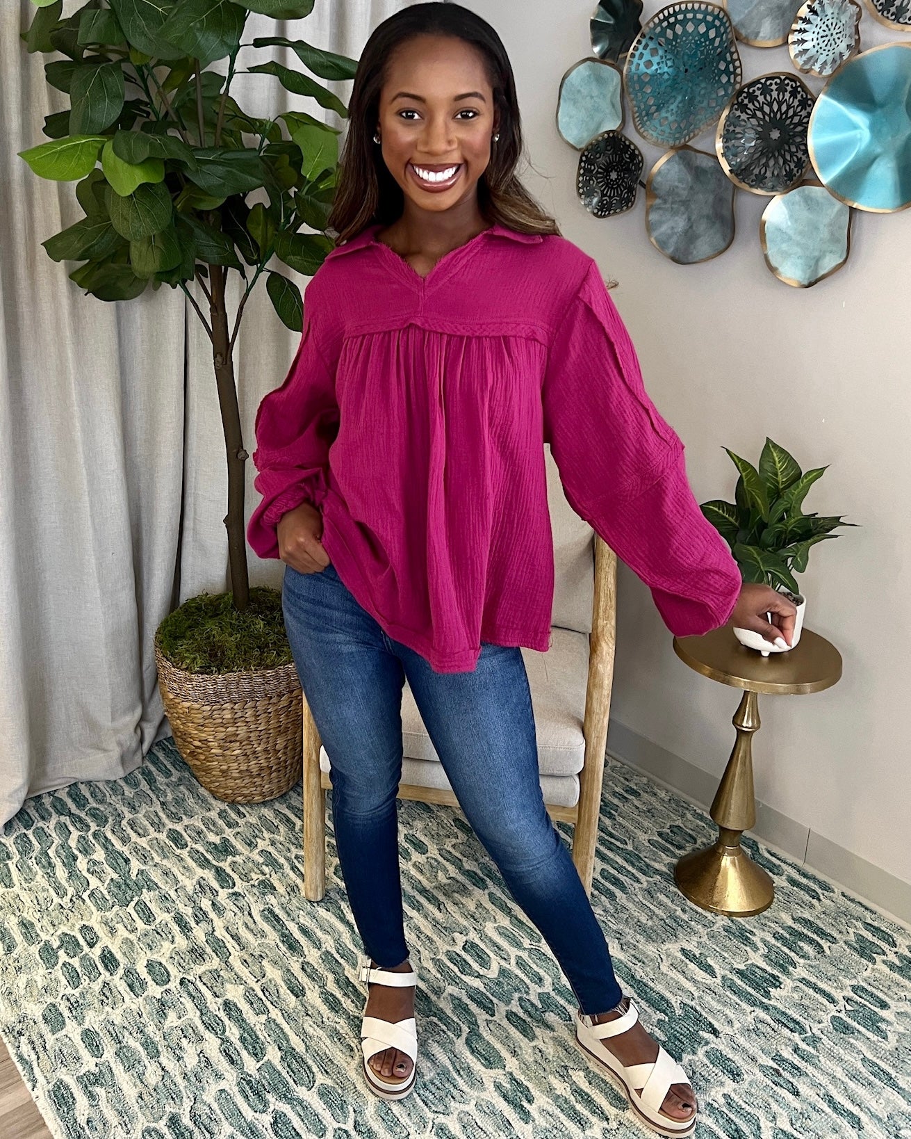 Heard It Magenta Crinkle Gauze Top-Shop-Womens-Boutique-Clothing
