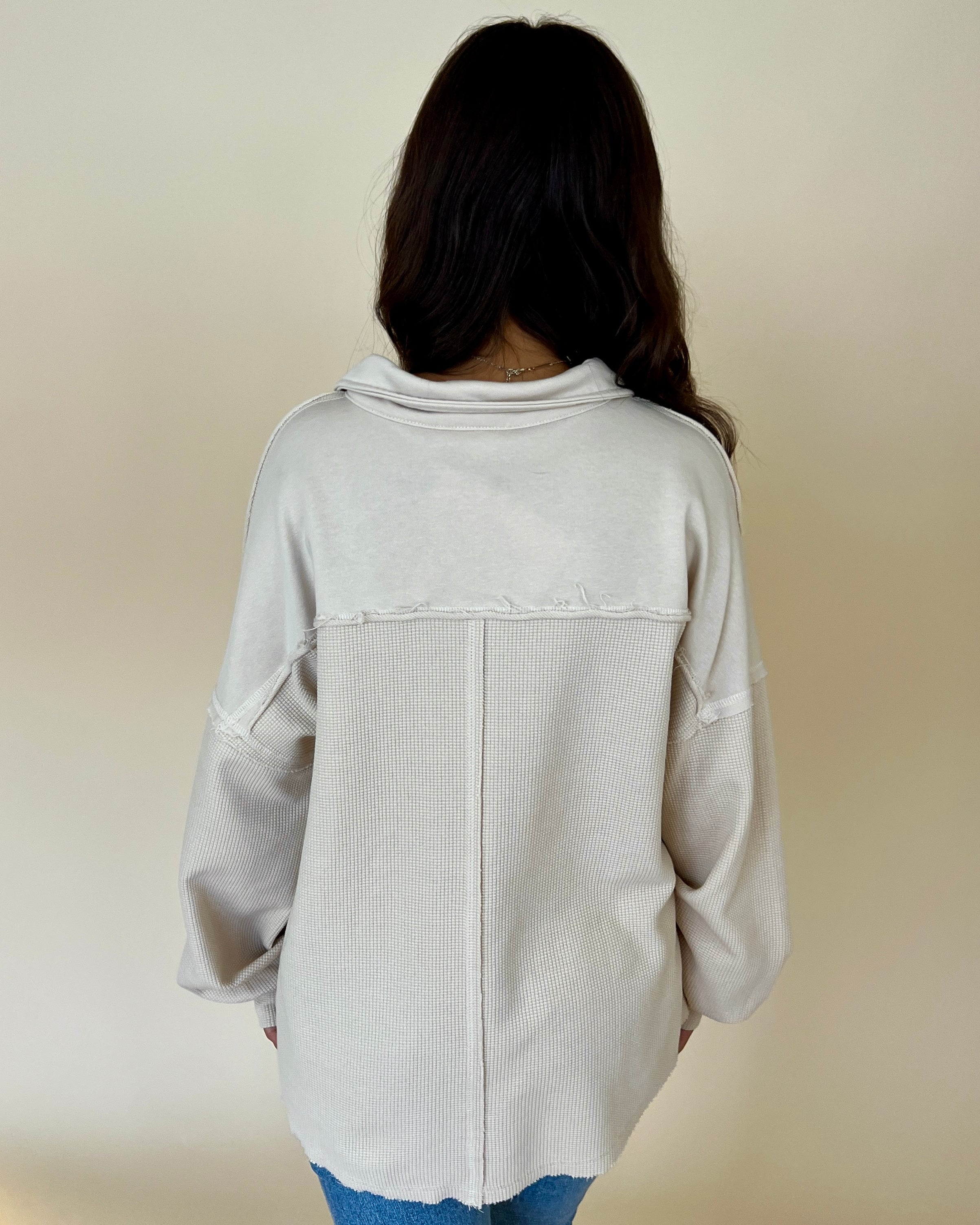 Cozy Outing Beige Waffle Collared Pocket Top-Shop-Womens-Boutique-Clothing