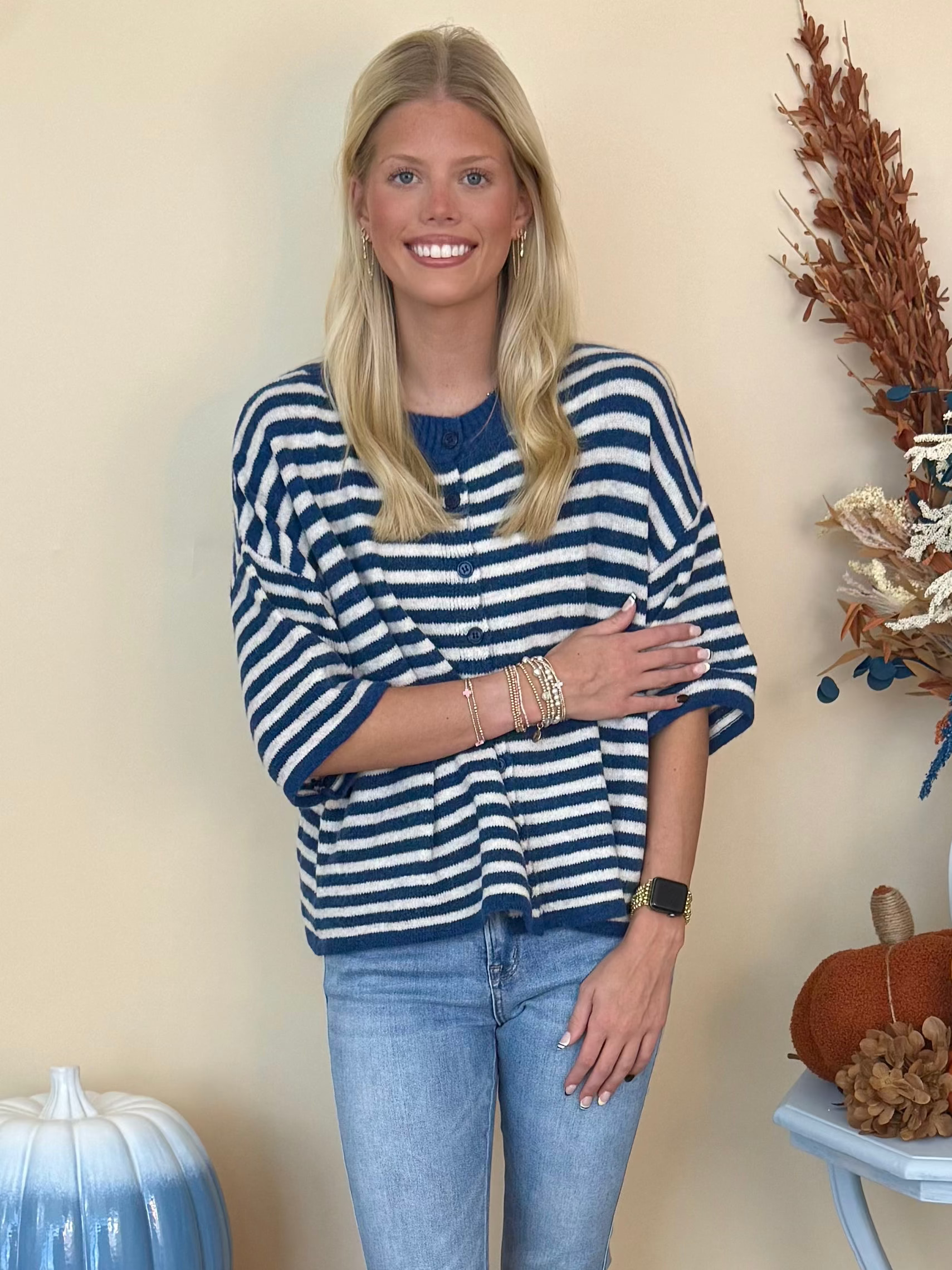 Thoughtfully Made Navy Striped Short Sleeve Knit Cardigan-Shop-Womens-Boutique-Clothing