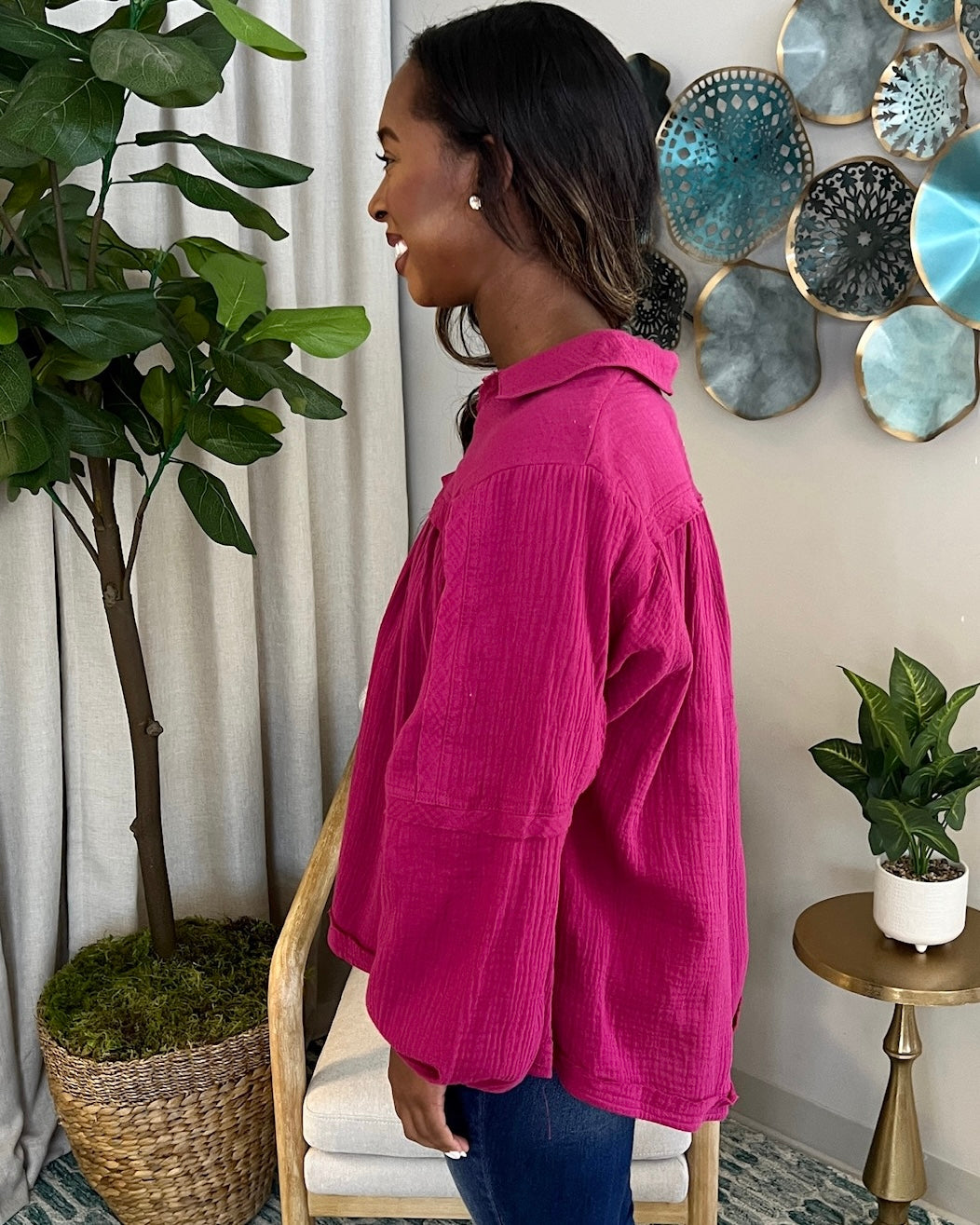 Heard It Magenta Crinkle Gauze Top-Shop-Womens-Boutique-Clothing