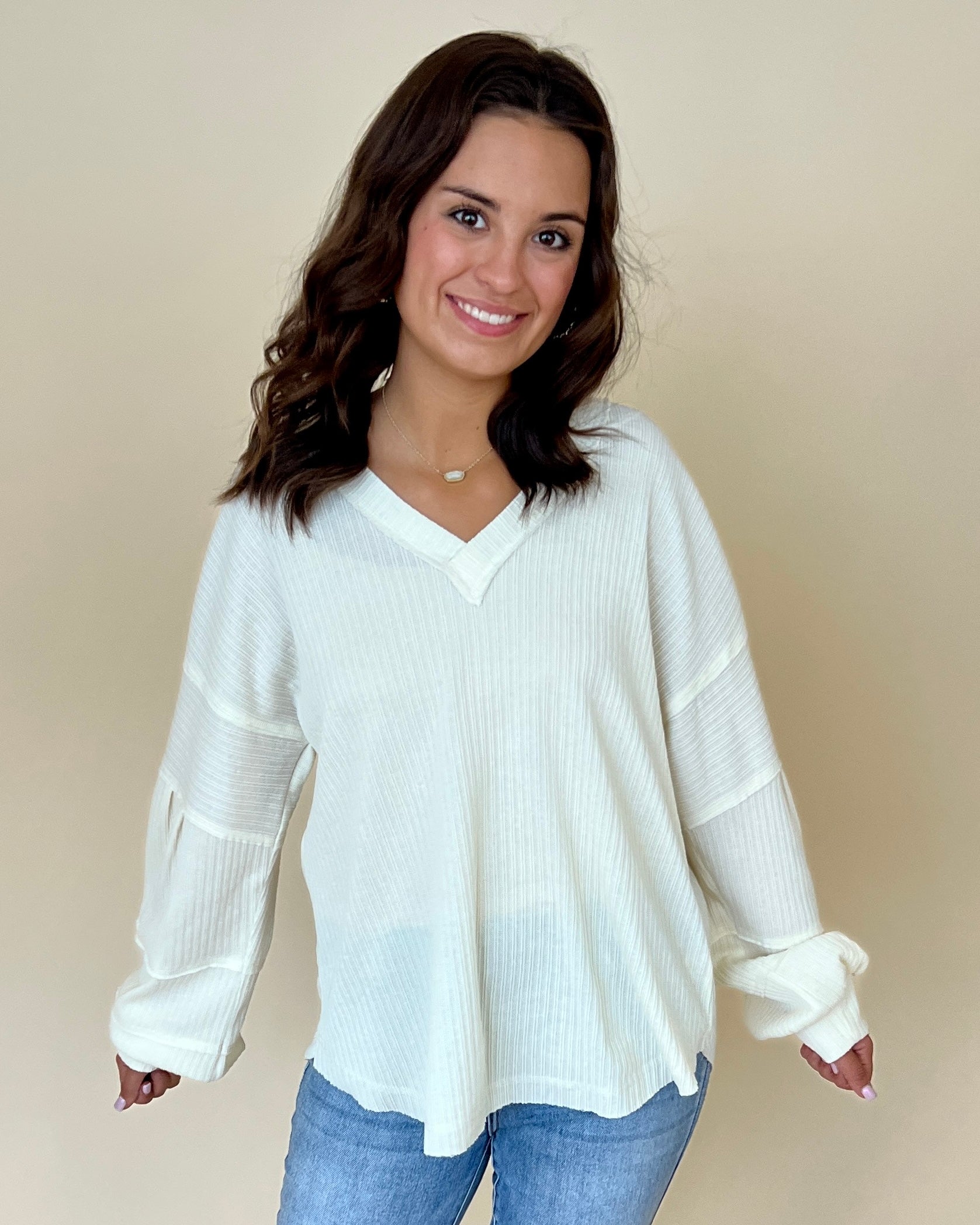 Daring Stares Cream Ribbed Balloon Sleeve Top-Shop-Womens-Boutique-Clothing