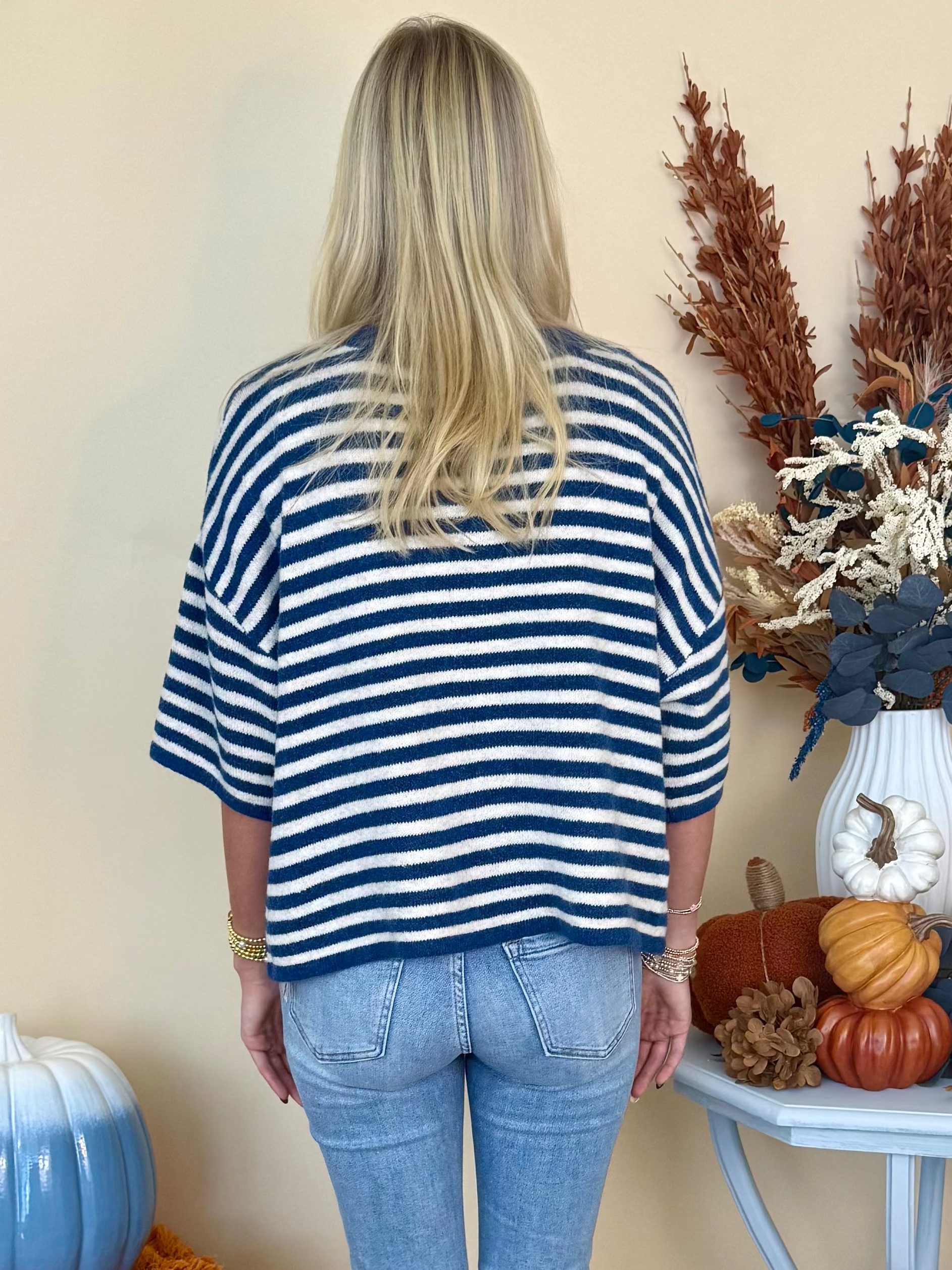 Thoughtfully Made Navy Striped Short Sleeve Knit Cardigan-Shop-Womens-Boutique-Clothing
