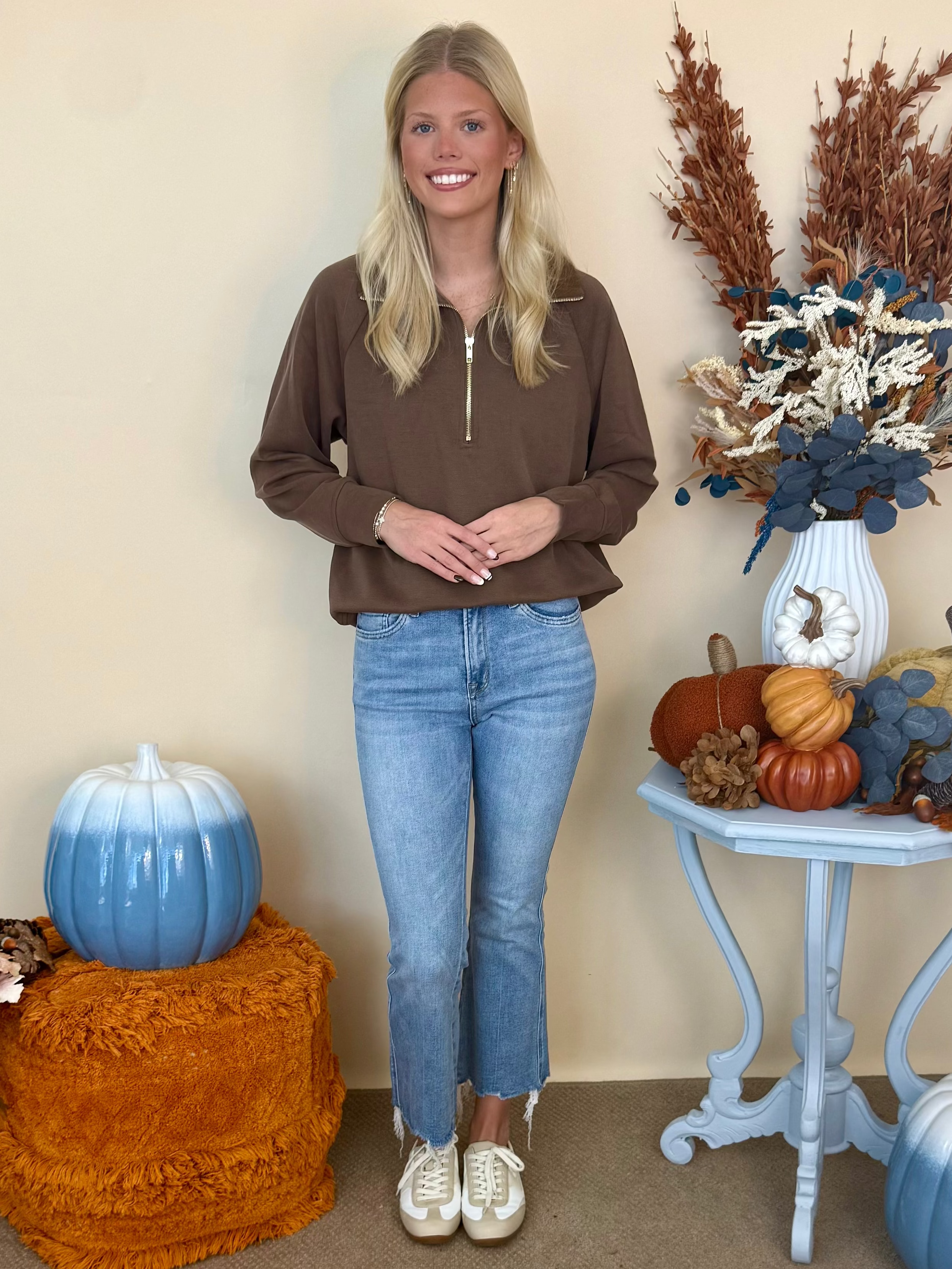 Rooted Together Cocoa Powder Corduroy Long Sleeve Half Zip Top-Shop-Womens-Boutique-Clothing