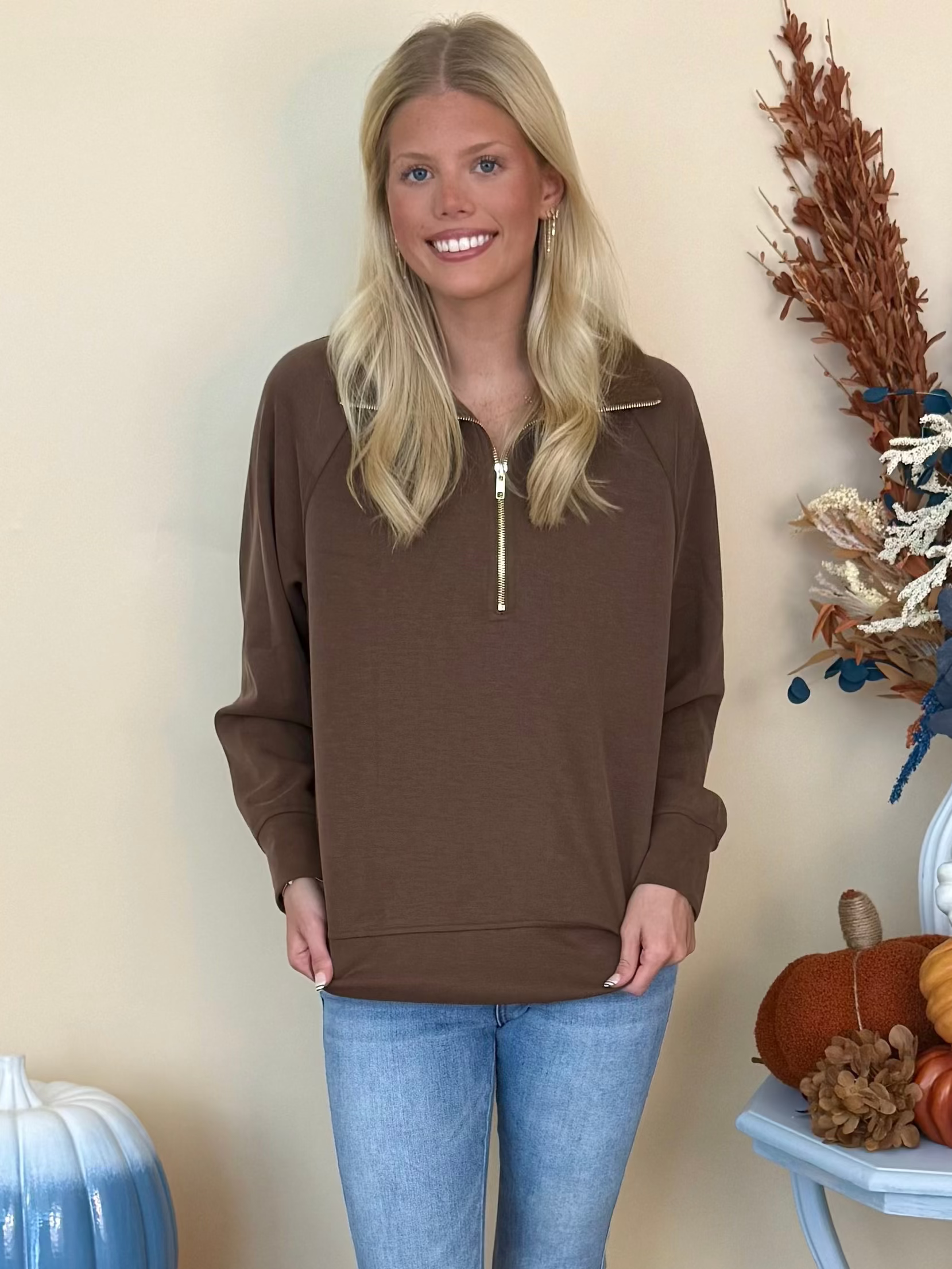 Rooted Together Cocoa Powder Corduroy Long Sleeve Half Zip Top-Shop-Womens-Boutique-Clothing