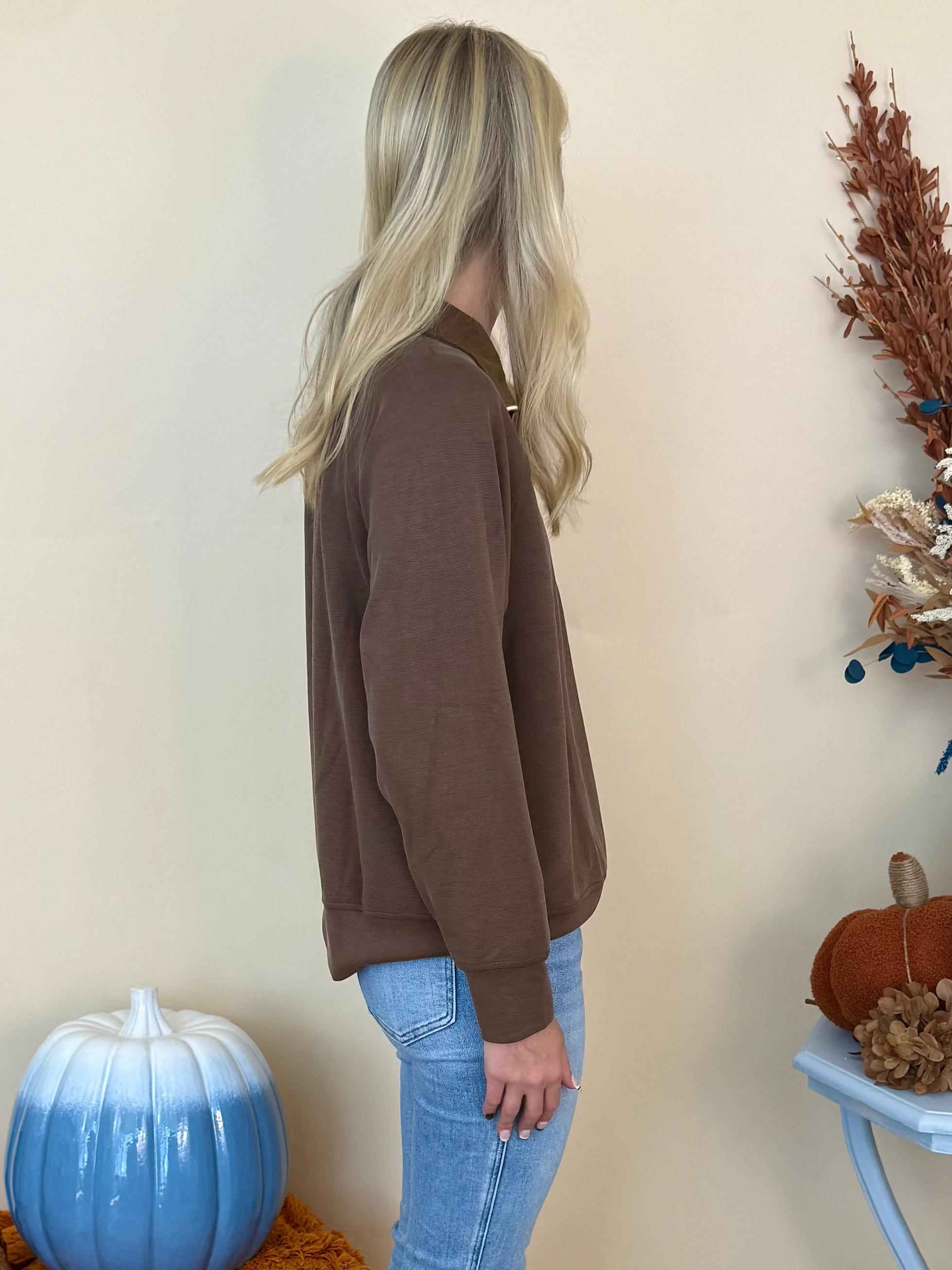 Rooted Together Cocoa Powder Corduroy Long Sleeve Half Zip Top-Shop-Womens-Boutique-Clothing
