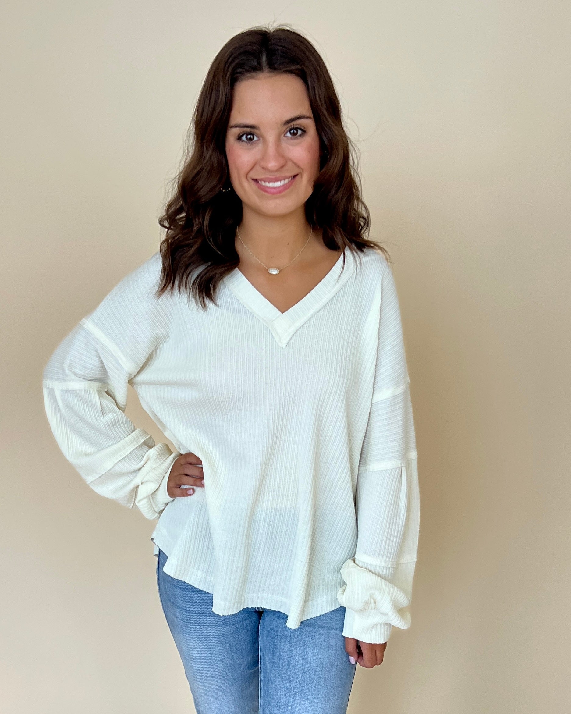 Daring Stares Cream Ribbed Balloon Sleeve Top-Shop-Womens-Boutique-Clothing