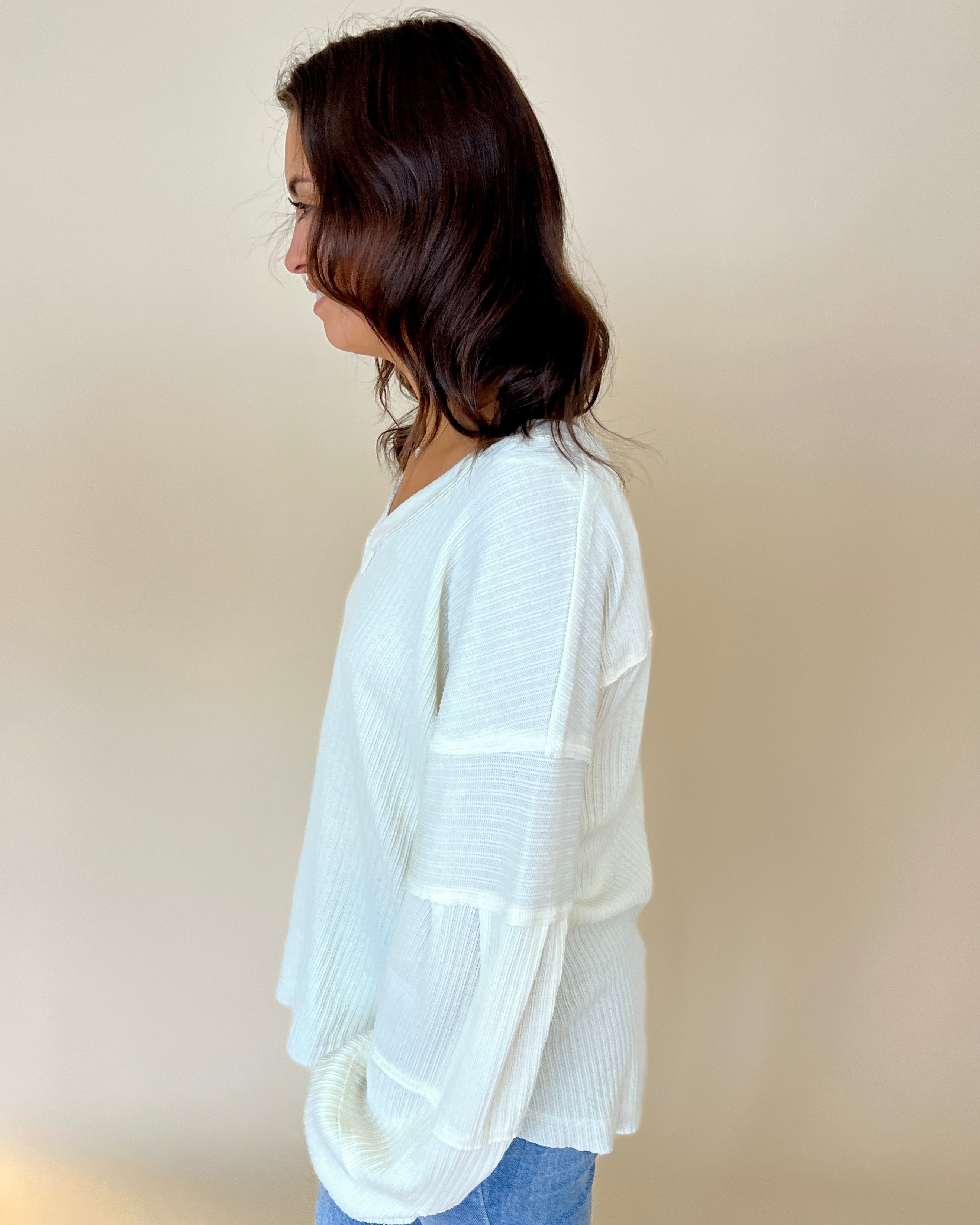Daring Stares Cream Ribbed Balloon Sleeve Top-Shop-Womens-Boutique-Clothing