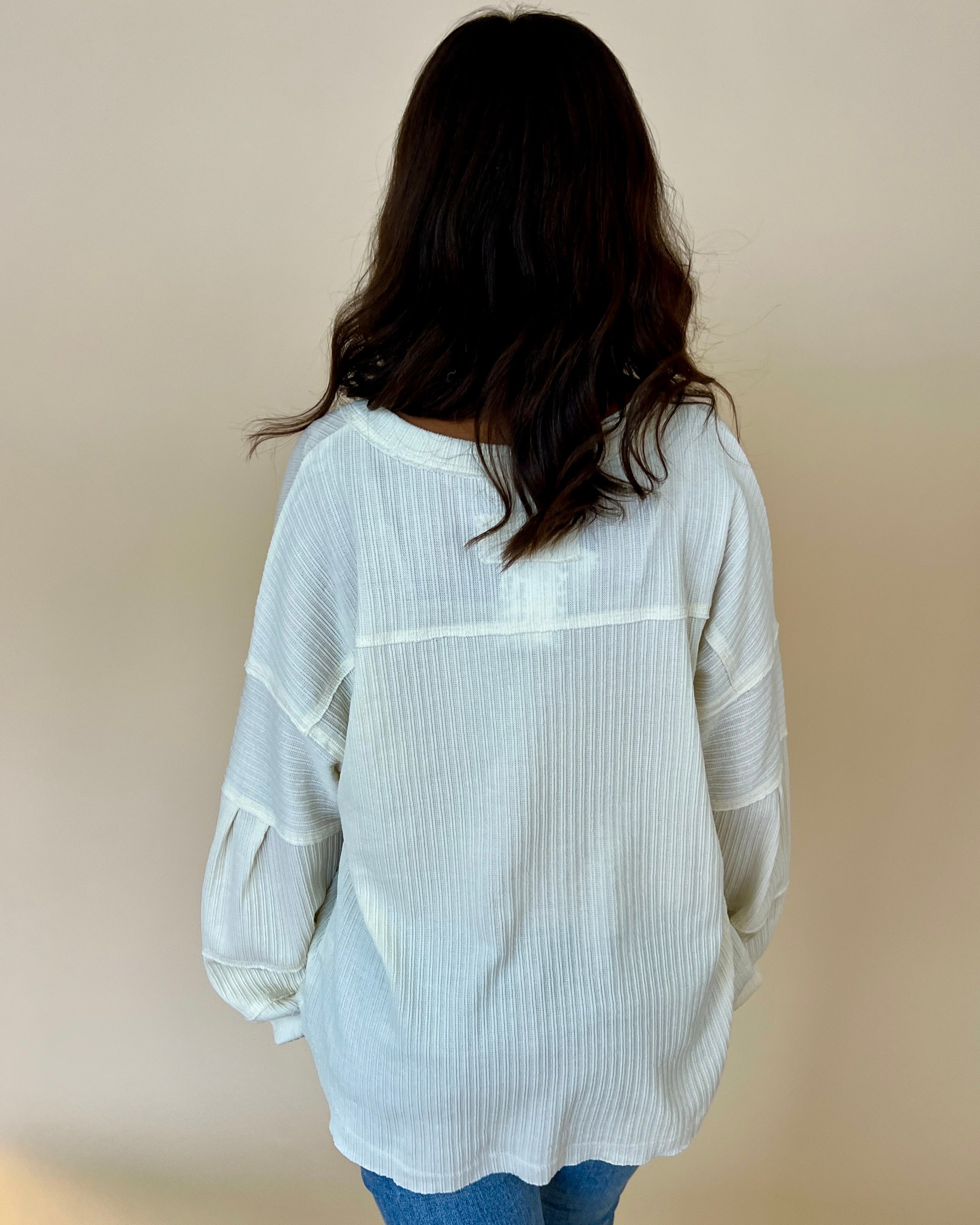 Daring Stares Cream Ribbed Balloon Sleeve Top-Shop-Womens-Boutique-Clothing