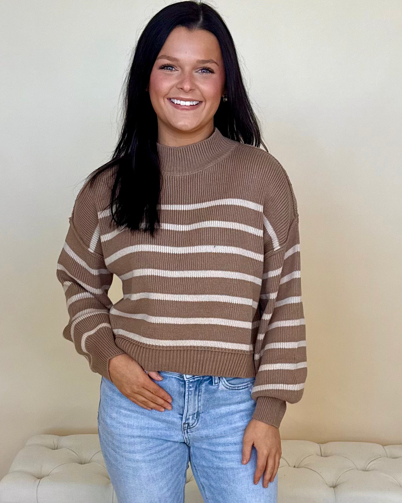 Rewrite Stories Cocoa Striped Mock Sweater-Shop-Womens-Boutique-Clothing