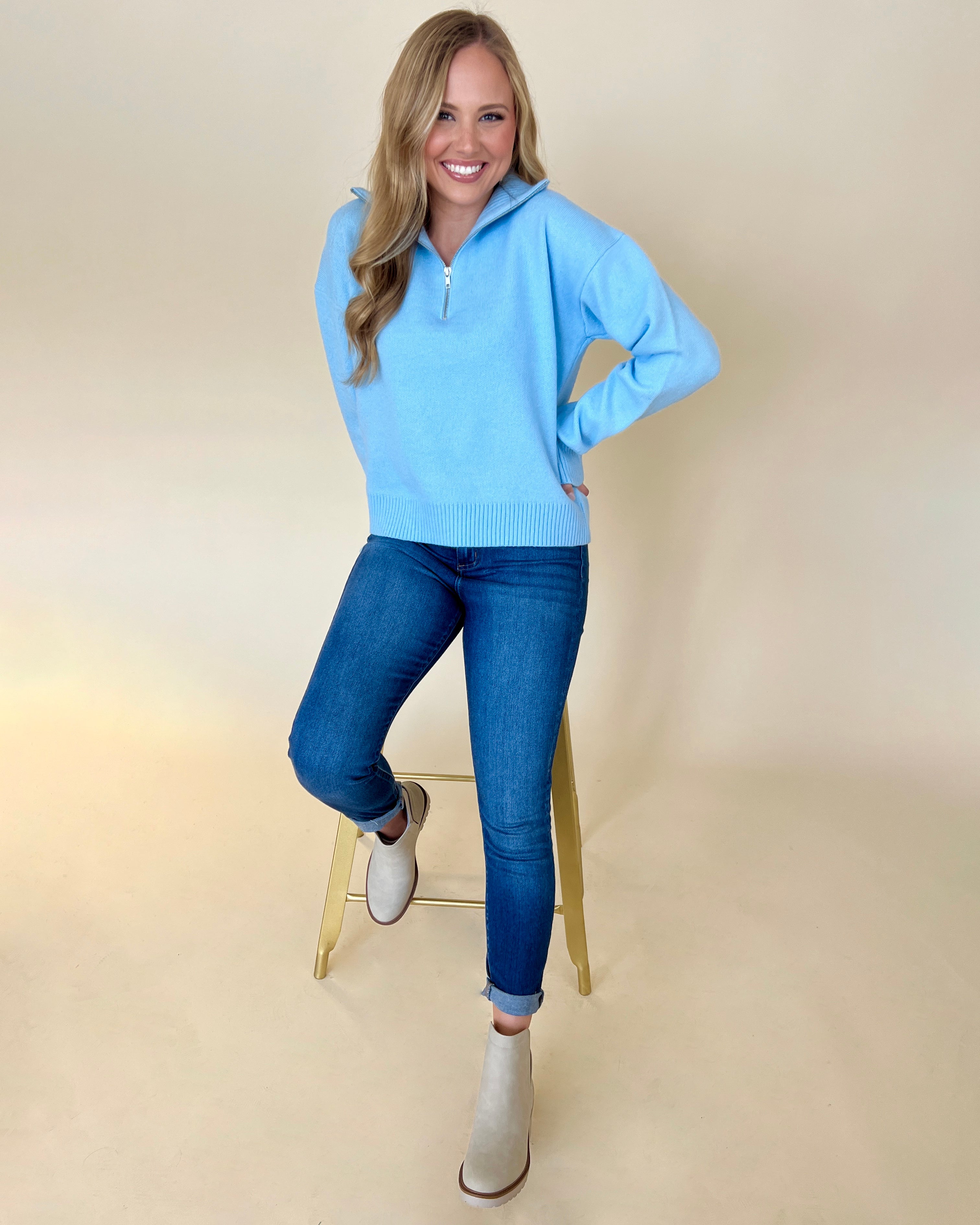 Day Dreaming Clear Sky Zip Up Collared Sweater-Shop-Womens-Boutique-Clothing