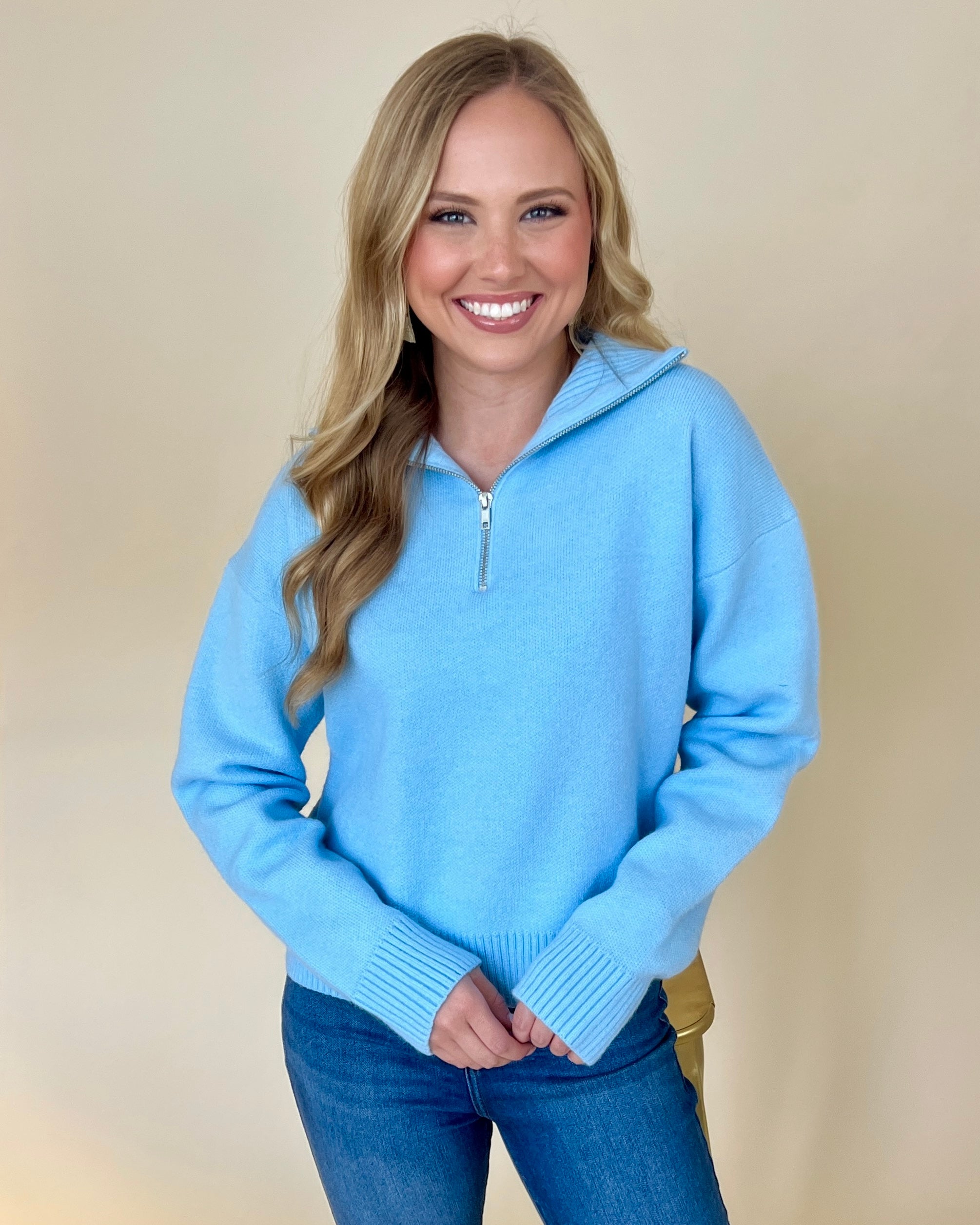 Day Dreaming Clear Sky Zip Up Collared Sweater-Shop-Womens-Boutique-Clothing