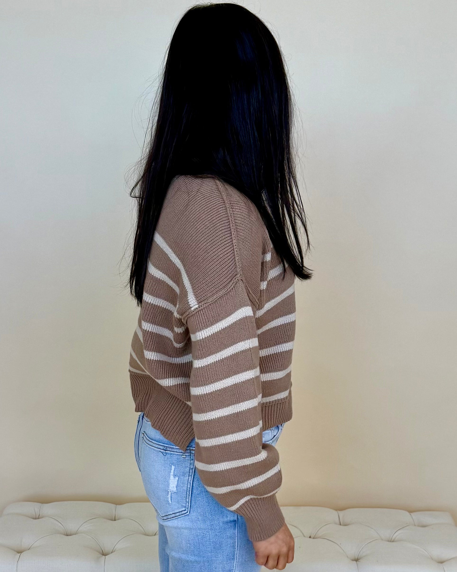 Rewrite Stories Cocoa Striped Mock Sweater-Shop-Womens-Boutique-Clothing