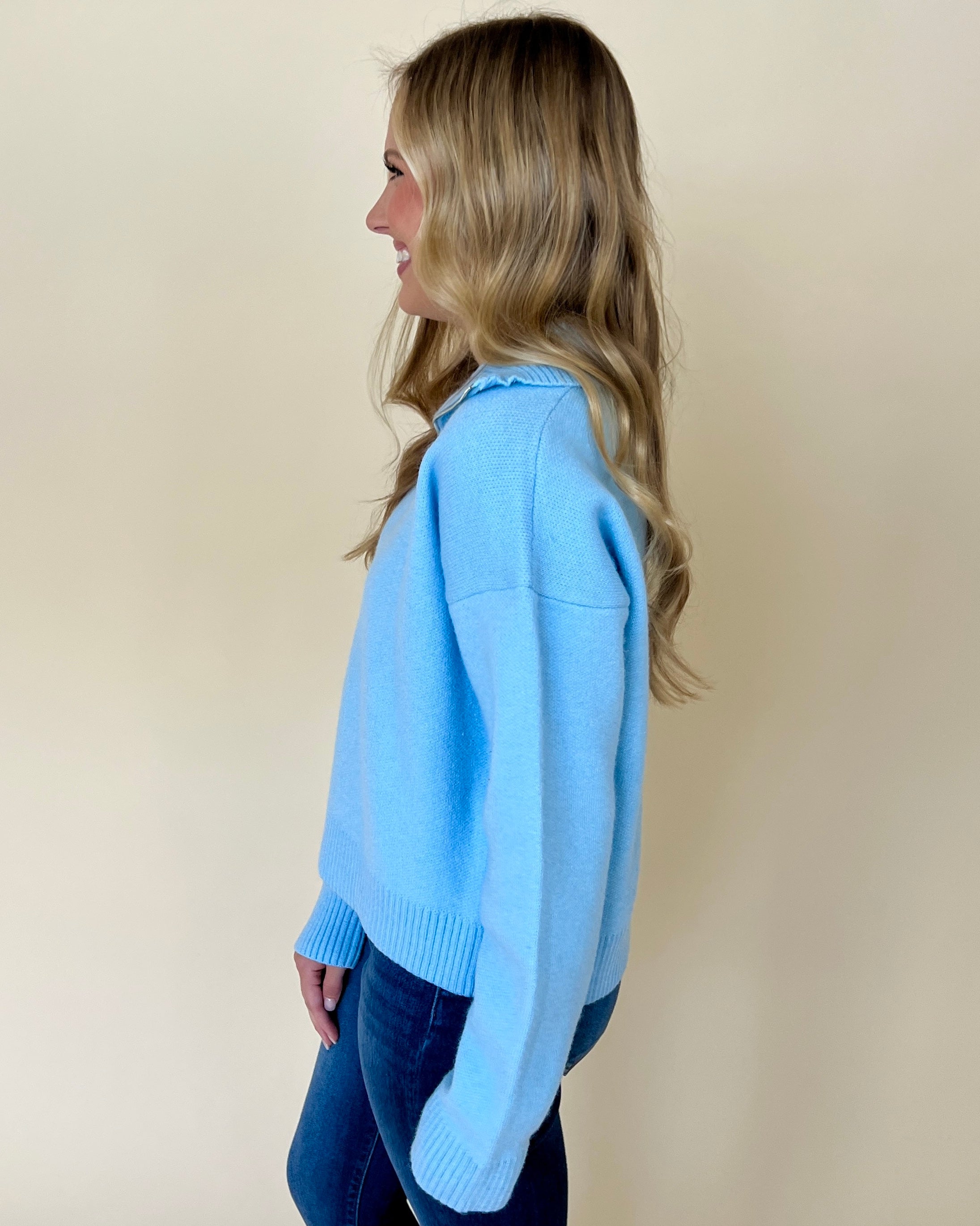 Day Dreaming Clear Sky Zip Up Collared Sweater-Shop-Womens-Boutique-Clothing
