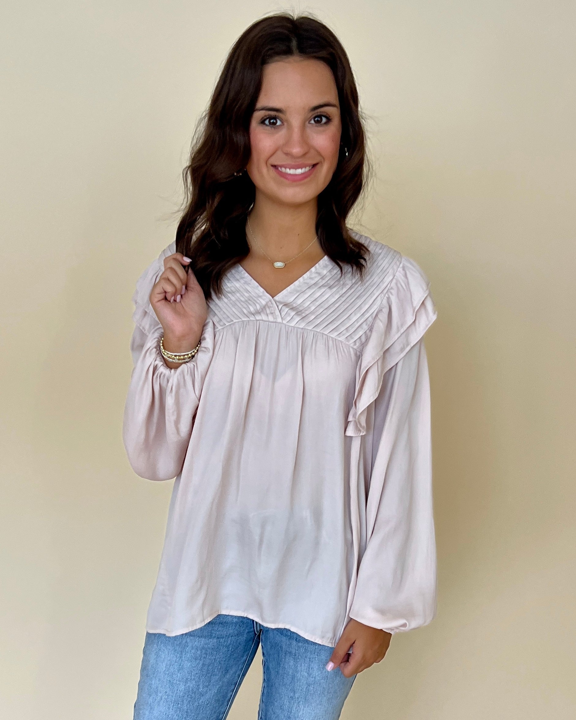 Sending Love Champagne Pin-tuck Ruffle Top-Shop-Womens-Boutique-Clothing