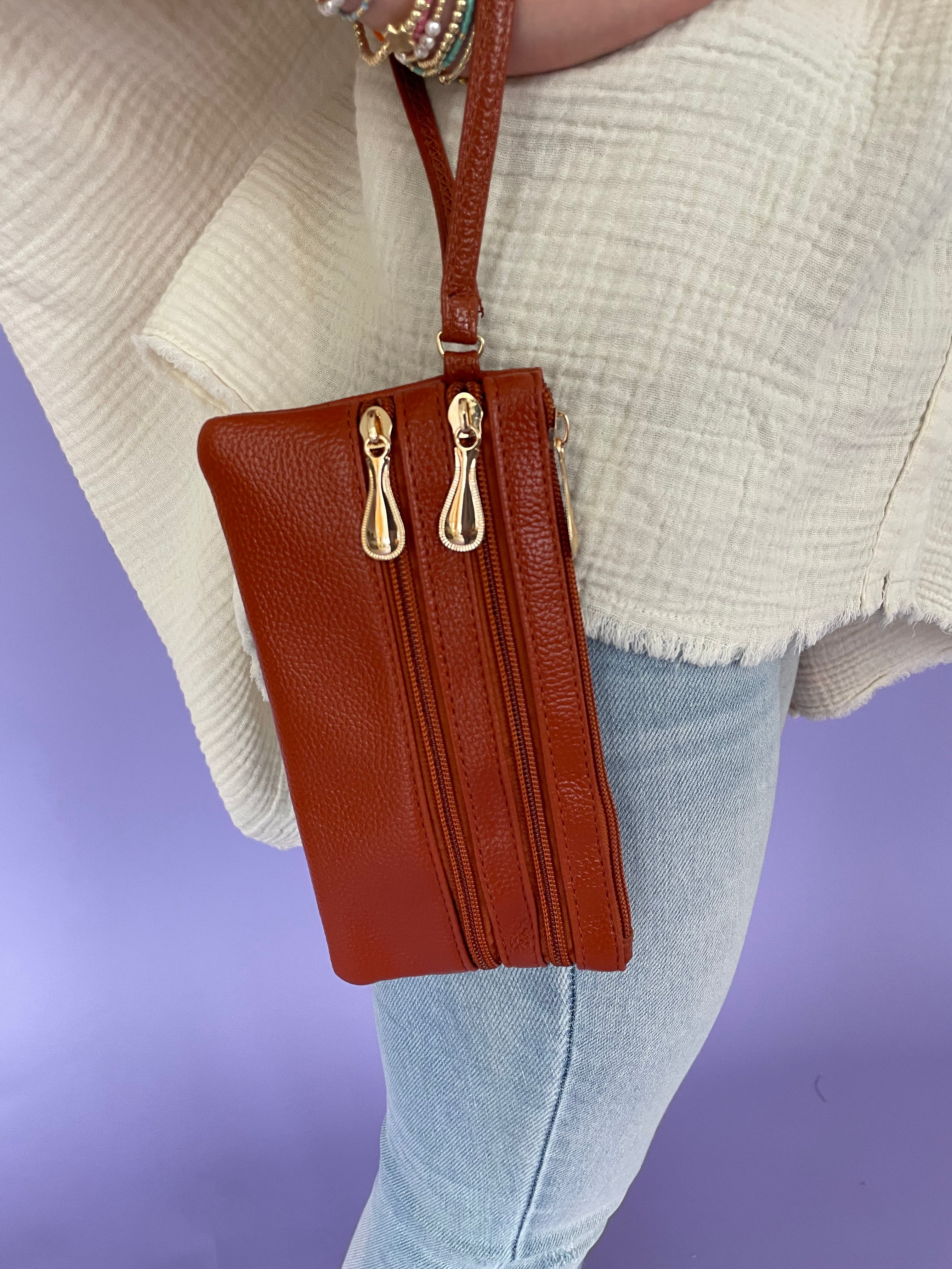 Camel Leather Wrist Clutch-Shop-Womens-Boutique-Clothing