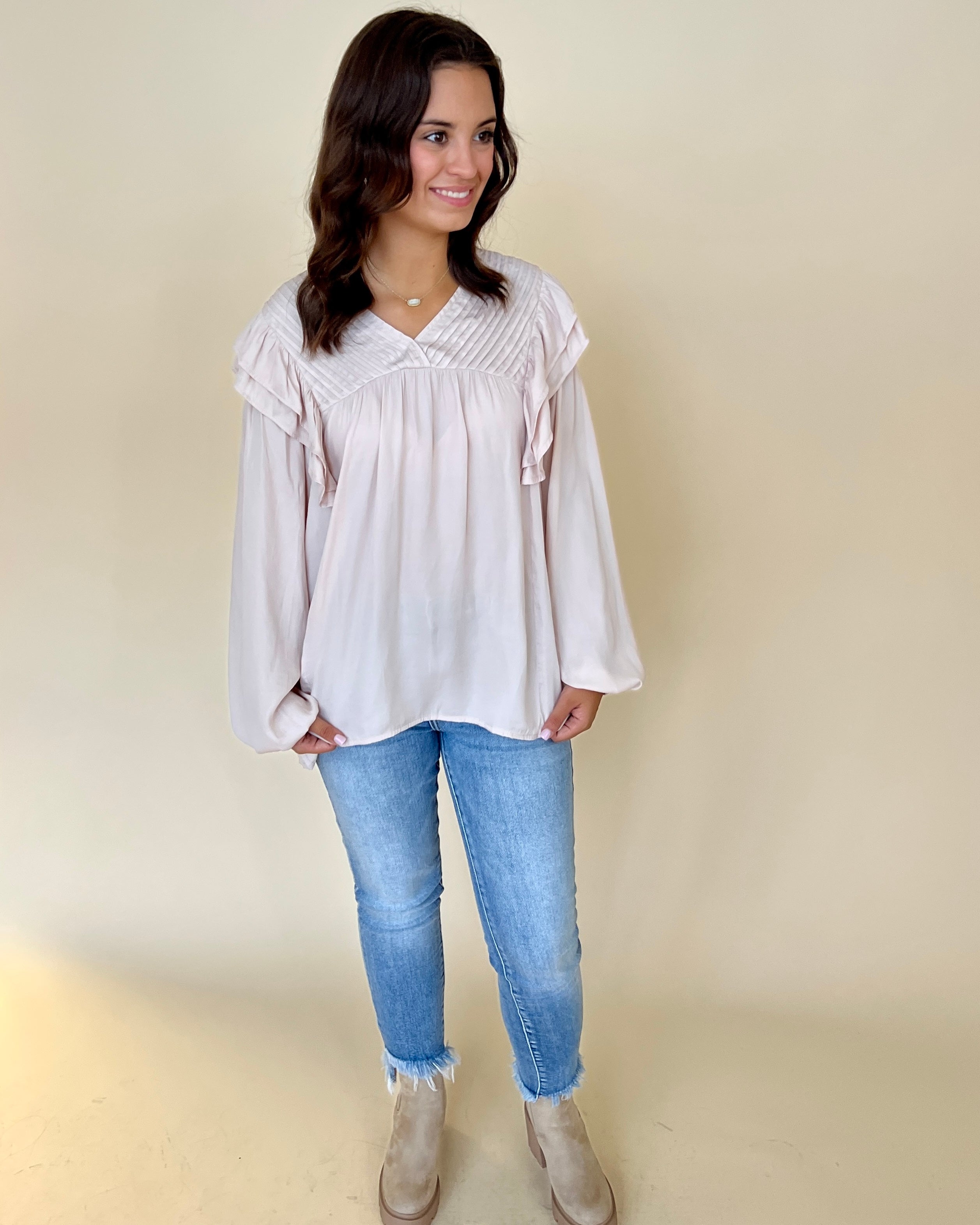 Sending Love Champagne Pin-tuck Ruffle Top-Shop-Womens-Boutique-Clothing