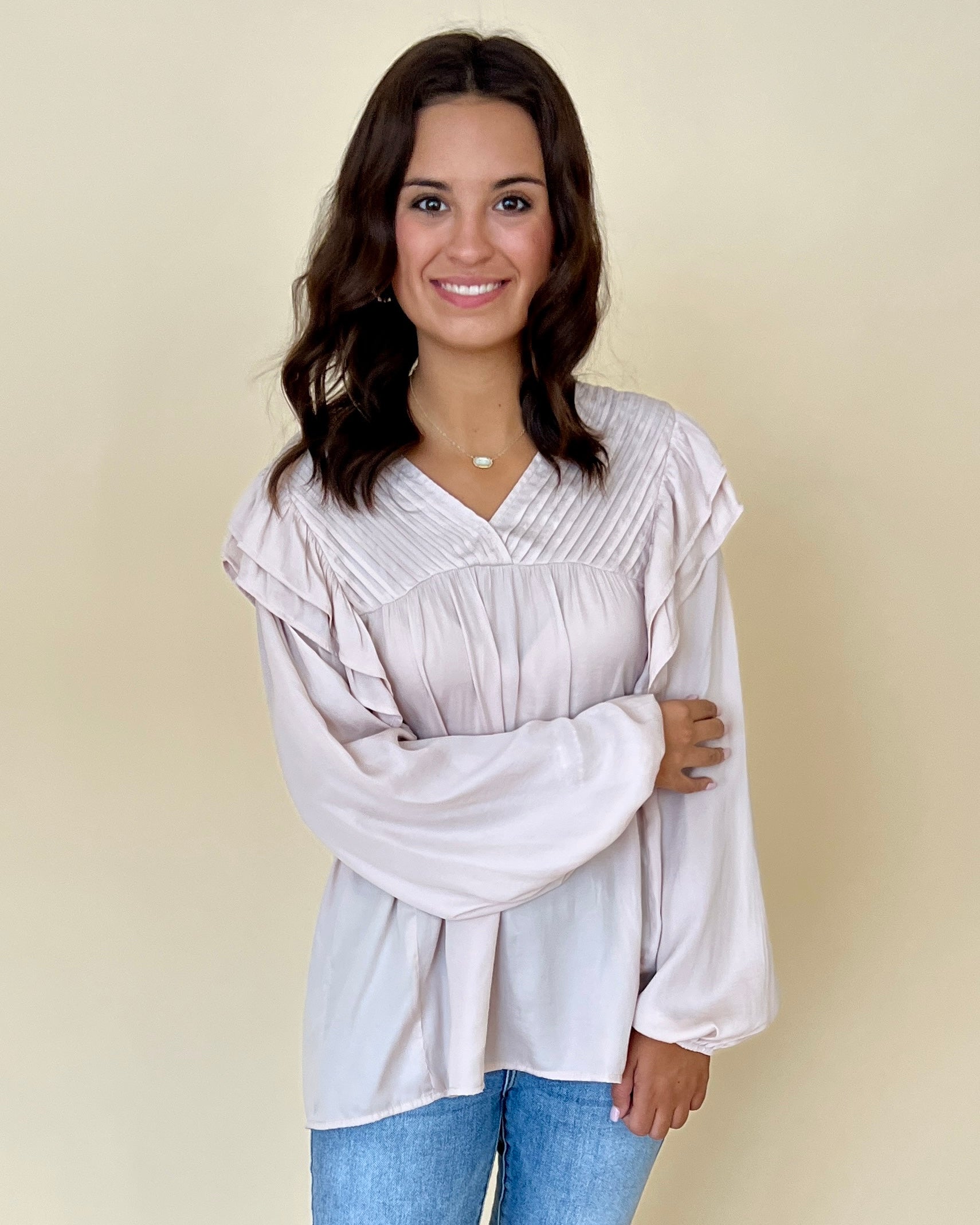 Sending Love Champagne Pin-tuck Ruffle Top-Shop-Womens-Boutique-Clothing