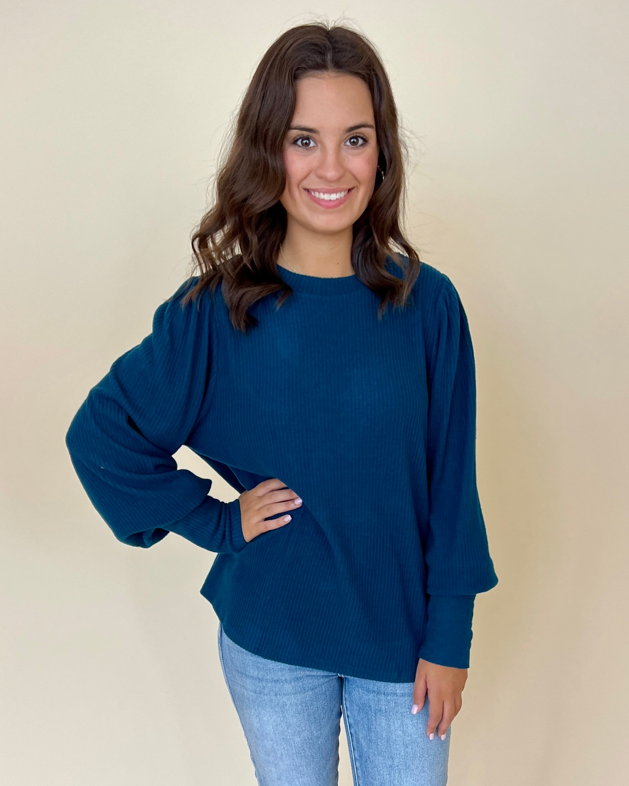 Perfect Together Teal Rib Puff Sleeve Top-Shop-Womens-Boutique-Clothing