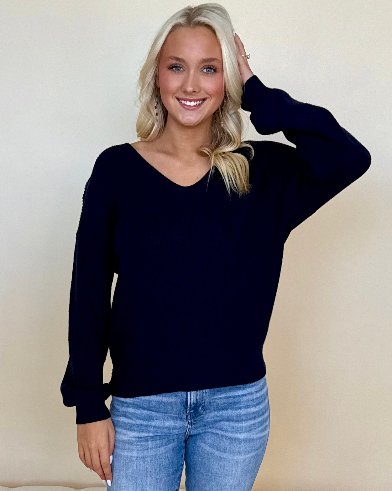 Love Search Navy Back Bow Sweater-Shop-Womens-Boutique-Clothing