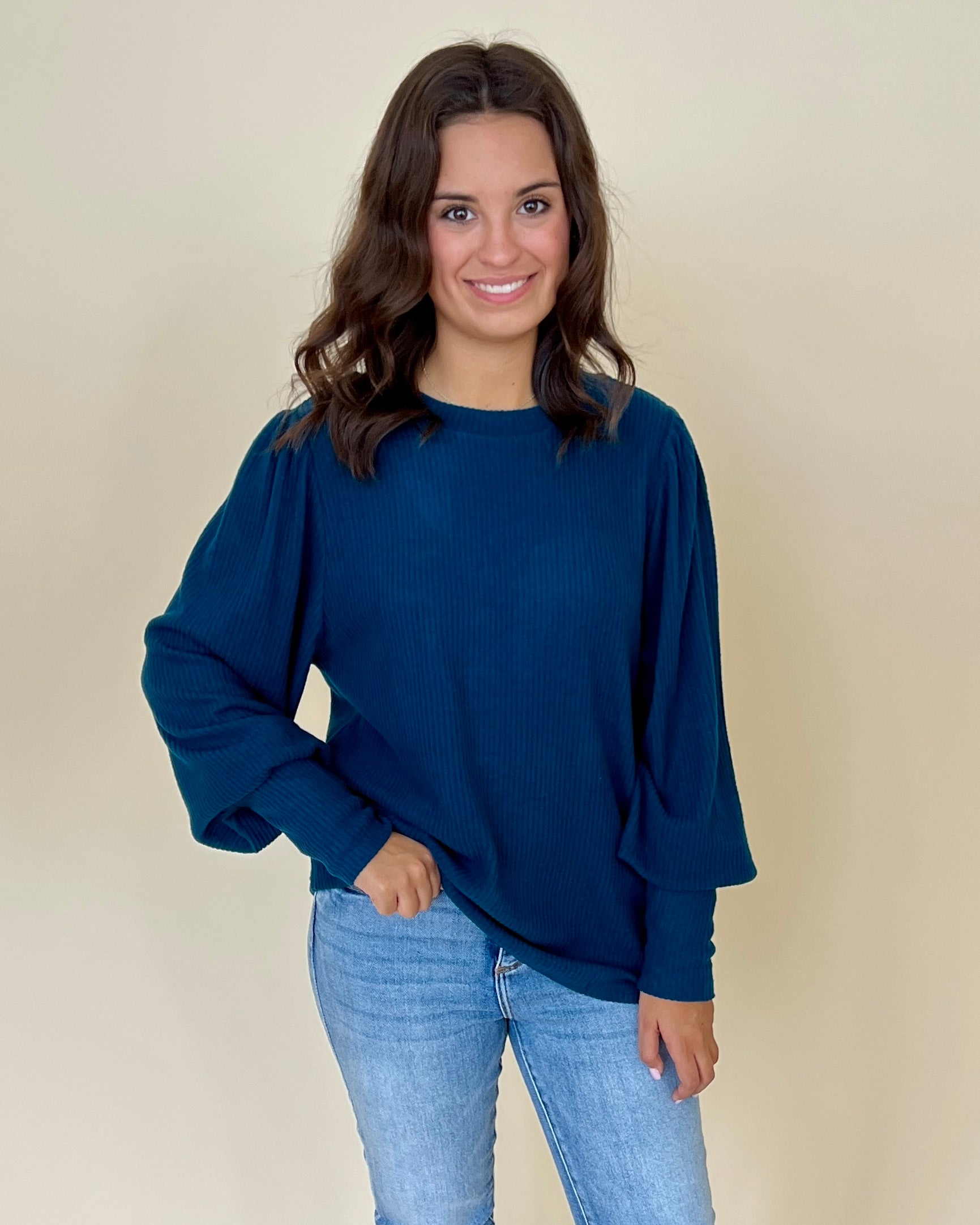 Perfect Together Teal Rib Puff Sleeve Top-Shop-Womens-Boutique-Clothing