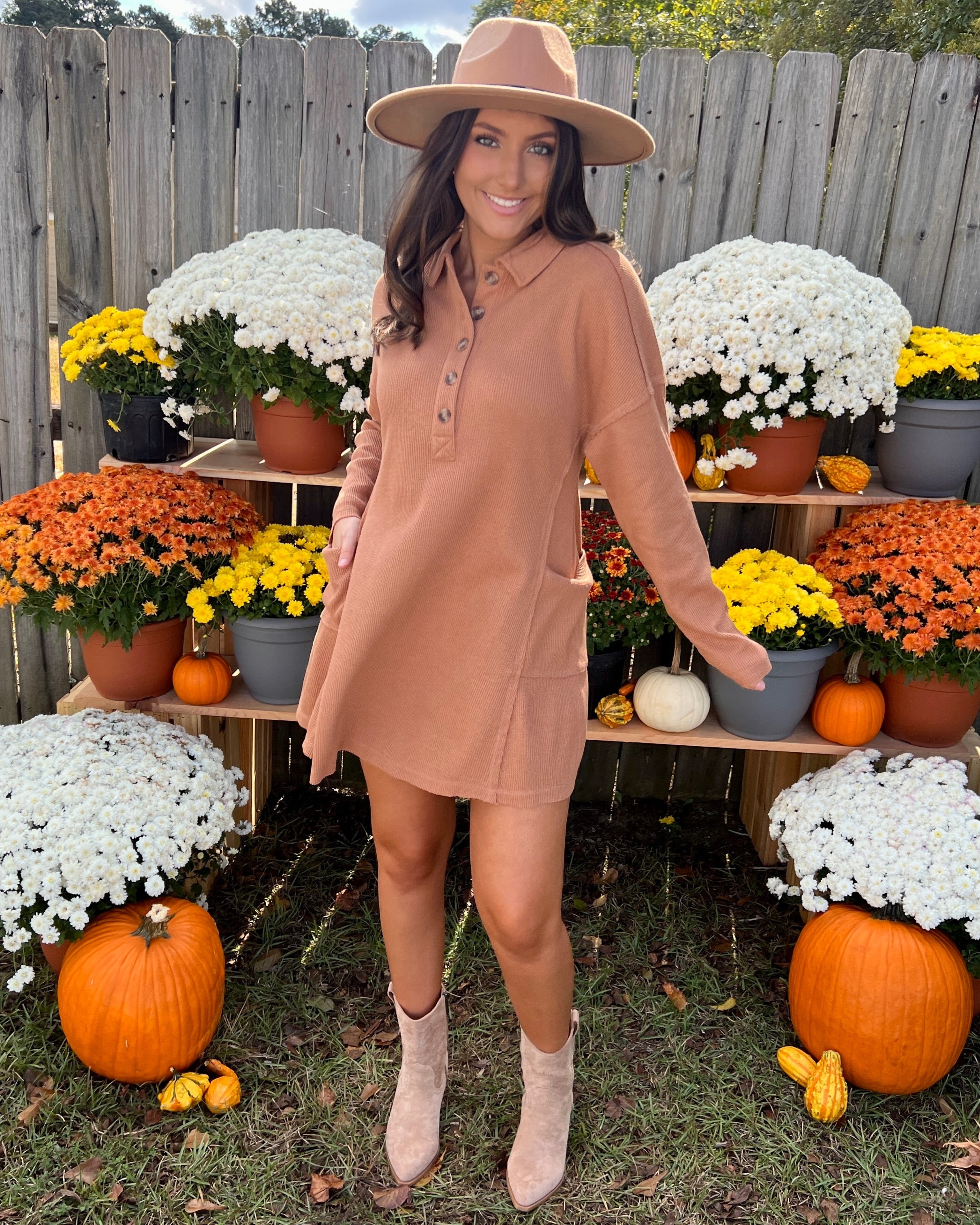 Just For Me Camel Waffle Knit Dress-Shop-Womens-Boutique-Clothing