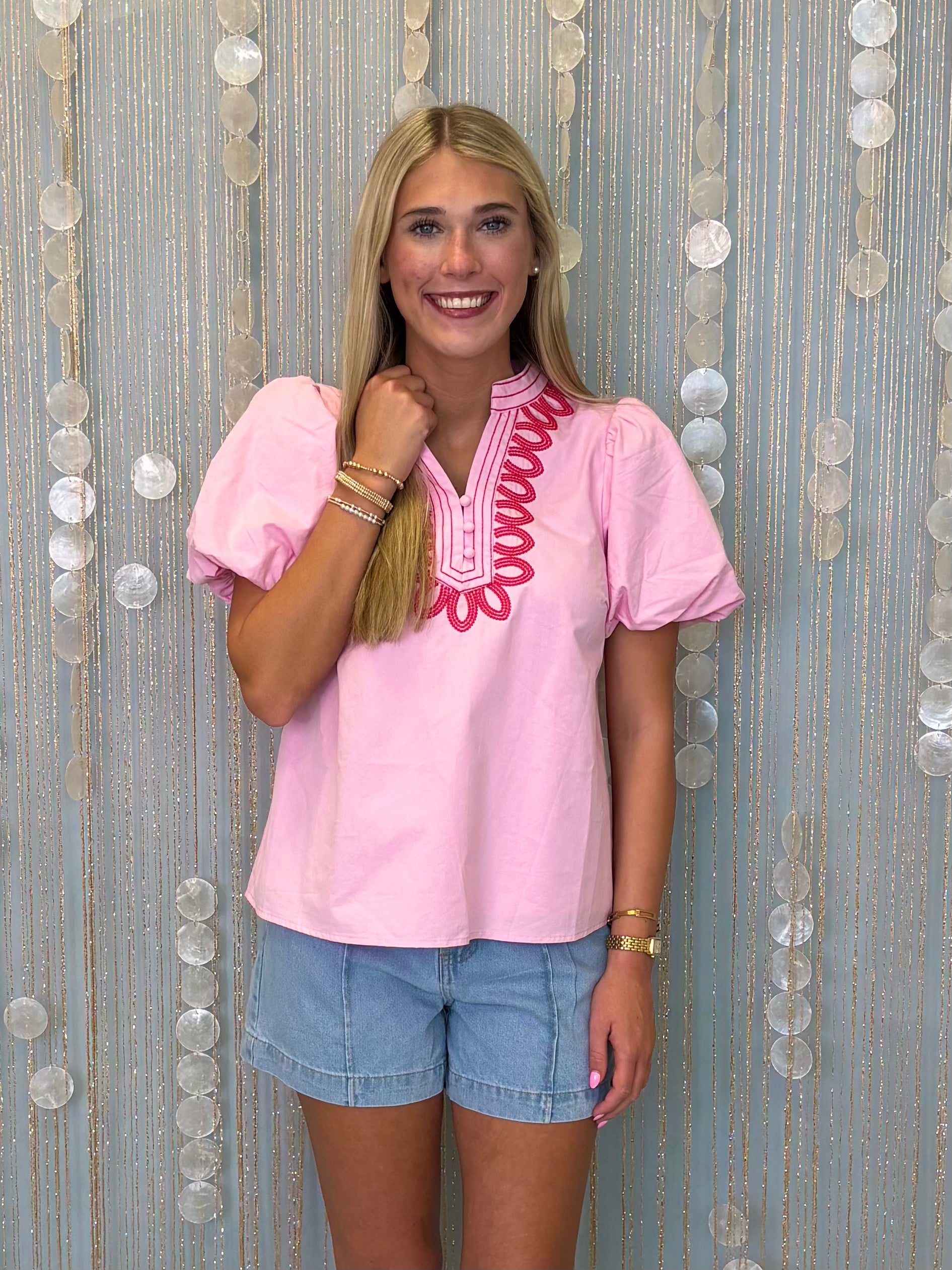 Palm Whisper Pink Embroidered V Notched Top-Shop-Womens-Boutique-Clothing