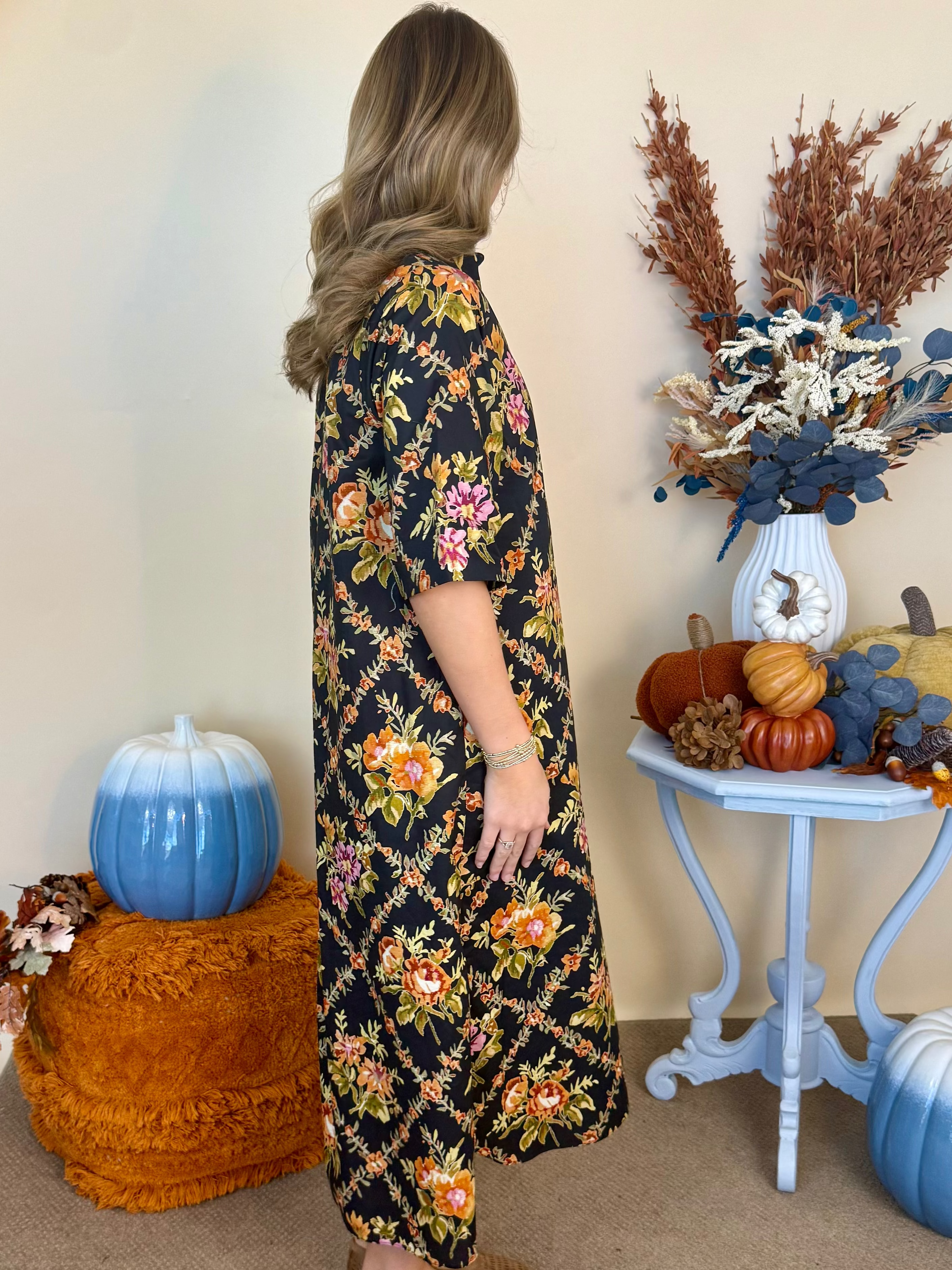 Cool Composure Black Floral Button Down Collared Midi Dress-Shop-Womens-Boutique-Clothing